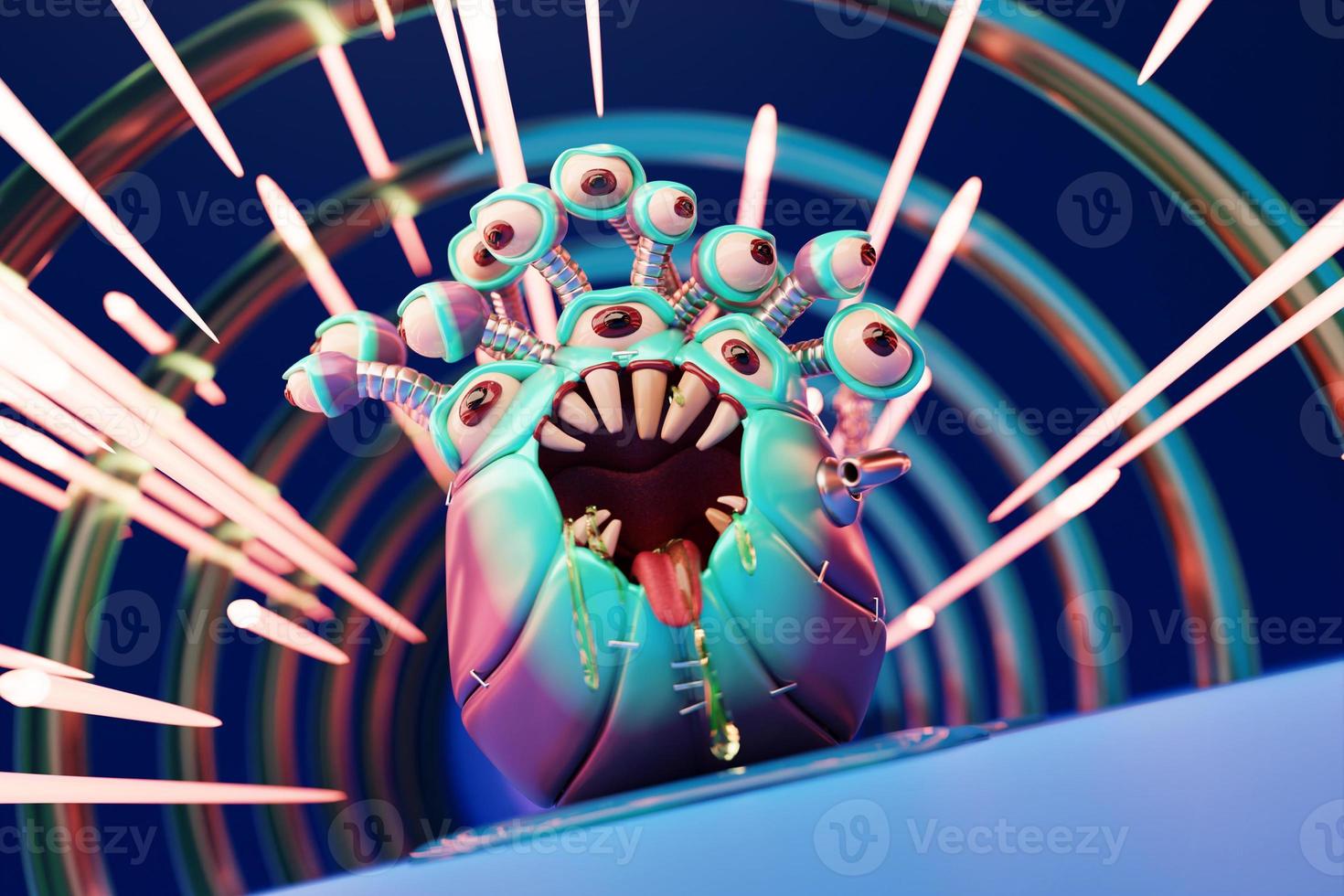 3D illustration of a scary blue monster quickly creeps along the corridor with fear. Funny monster for kids design photo