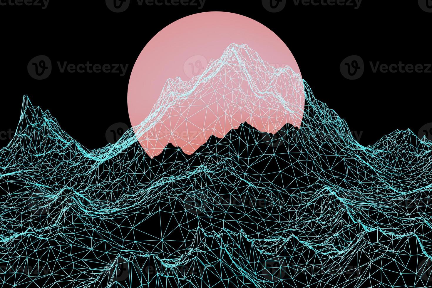 3d rendering, Virtual reality, road from geometric lines between the mountains to the setting sun.Design in the style of the 80s.  Futuristic synthesizer retro wave illustration photo