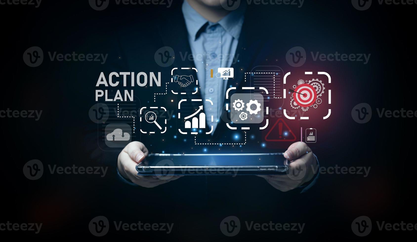Action plans and project management. Businessman showing business icon processing steps with tablet to plan improvements and set organizational KPIs. photo