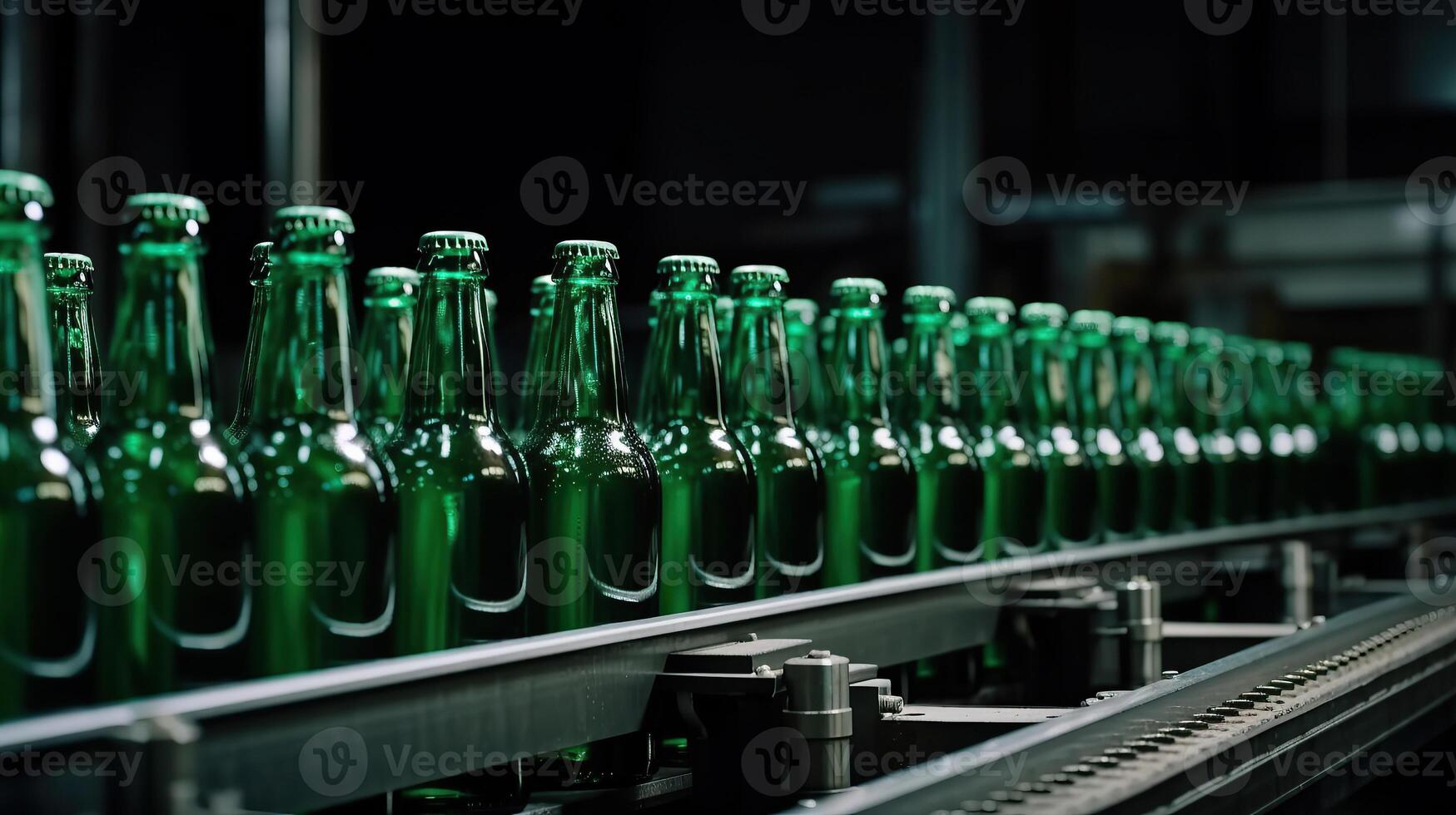 Green glass beer drink alcohol bottles, brewery conveyor, modern production line. photo