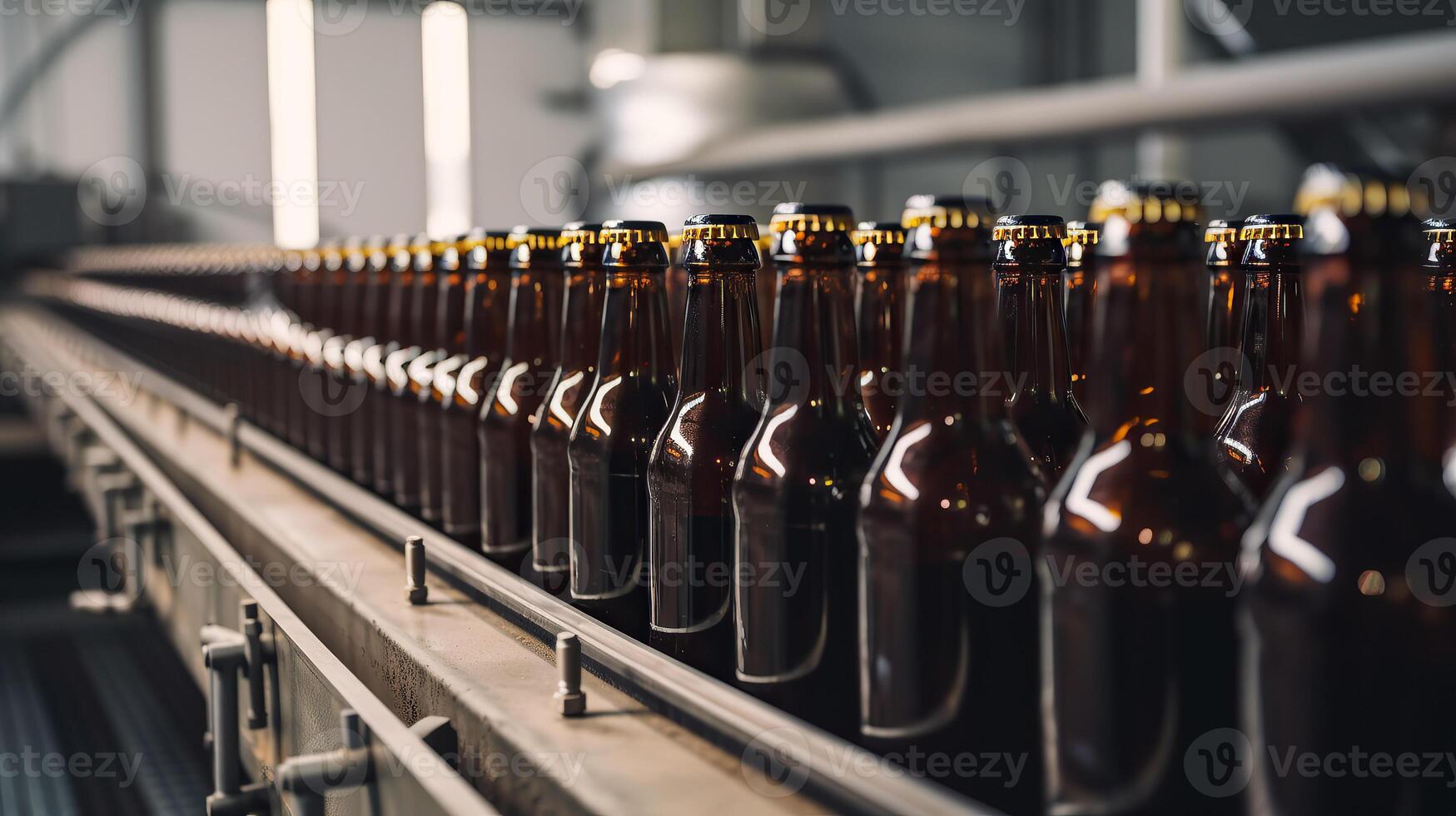 Brown glass beer drink alcohol bottles, brewery conveyor, modern production line. photo