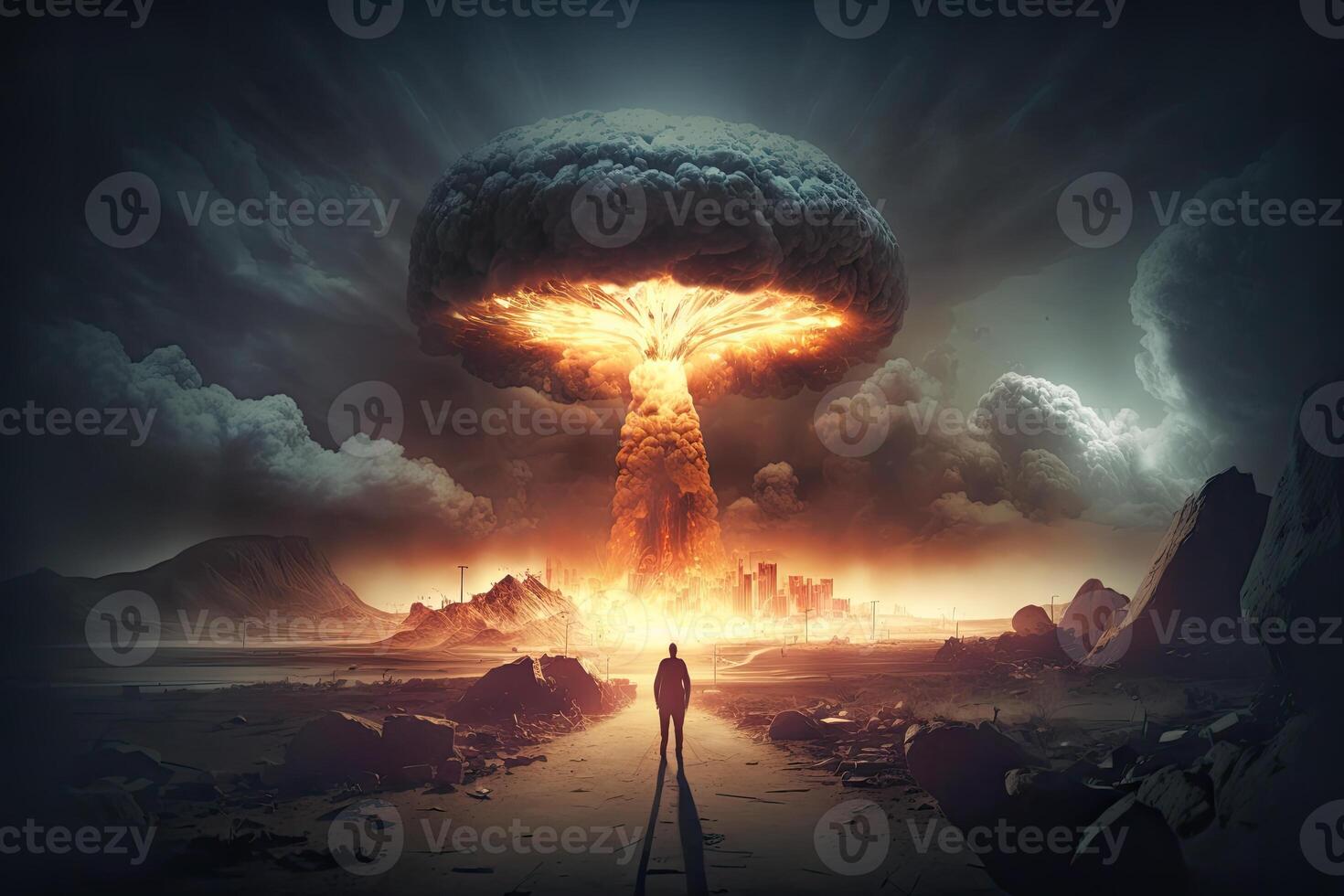 Doomsday illustration. A man looks at a nuclear explosion against the backdrop of a destroyed city. . photo