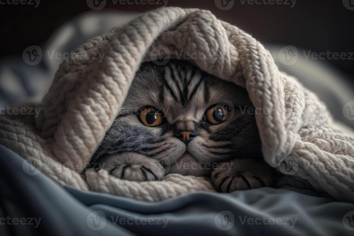 Kitten under a blanket. The cat is resting warm under the plaid. . photo