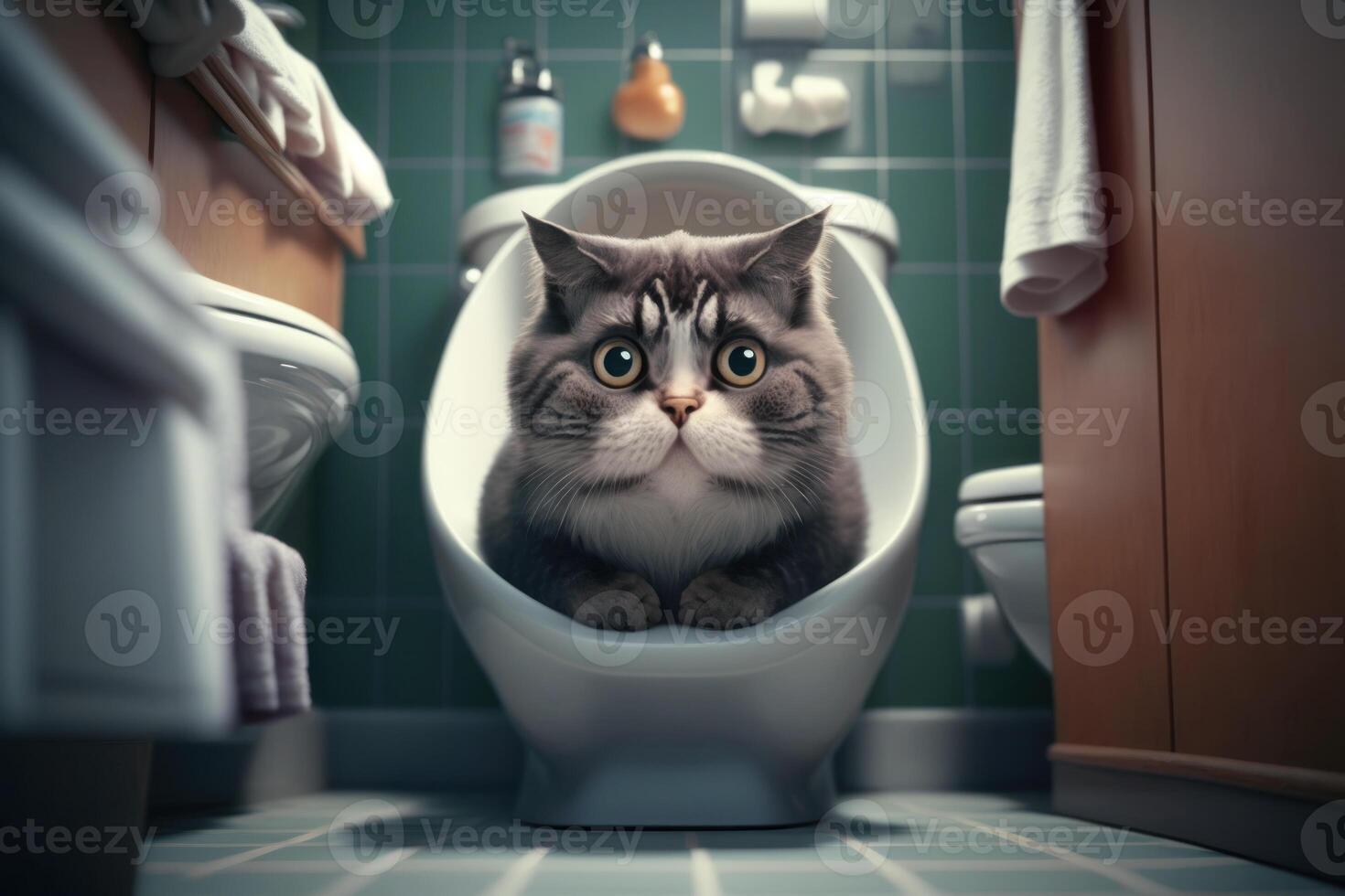 Cute cat with big eyes sits on the toilet in the bathroom. . photo