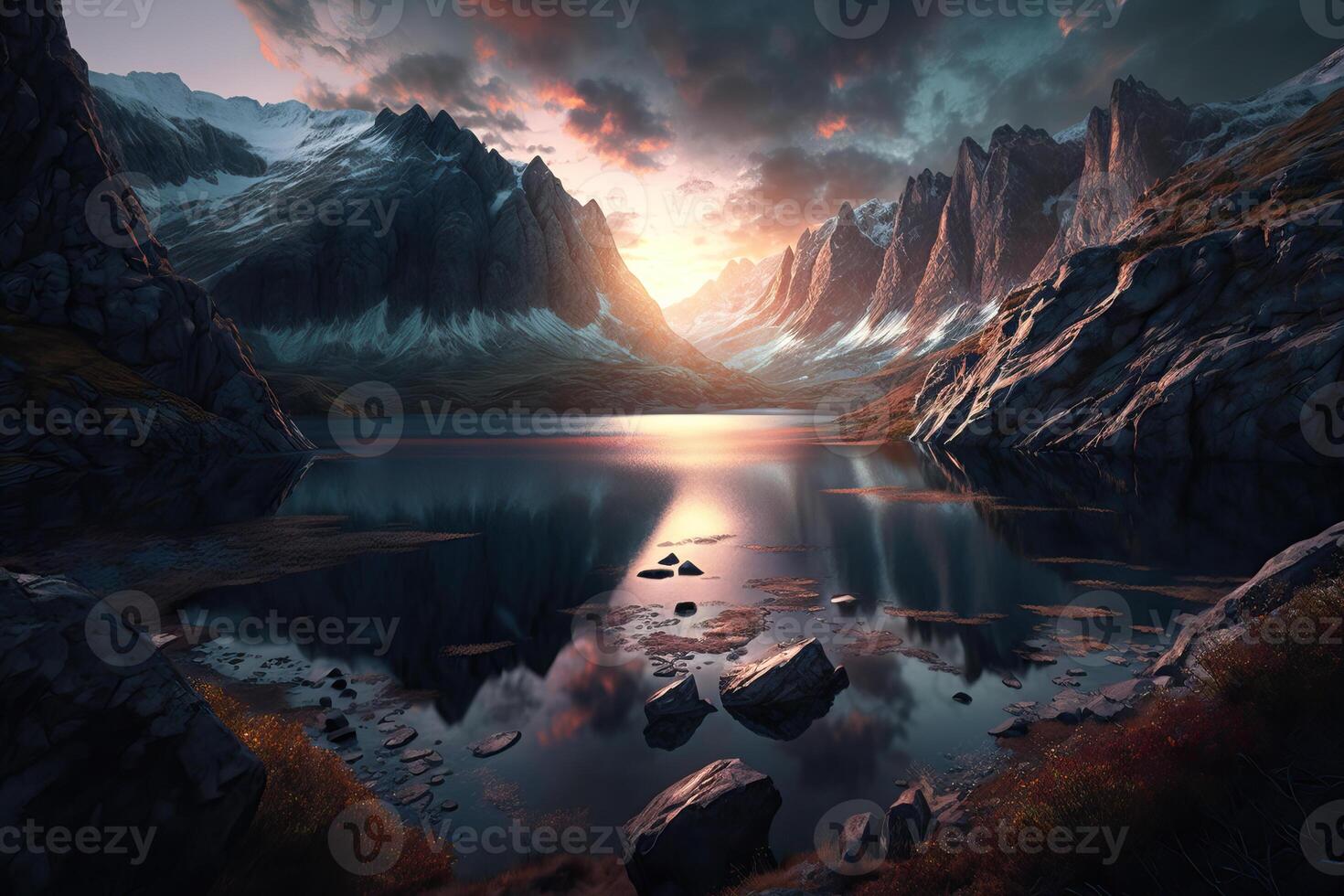 fantasía Arte de montaña Valle con lago, Perfecto primavera puesta de sol paisaje. épico montaña, maravilloso puesta de sol y luces. generativo ai foto