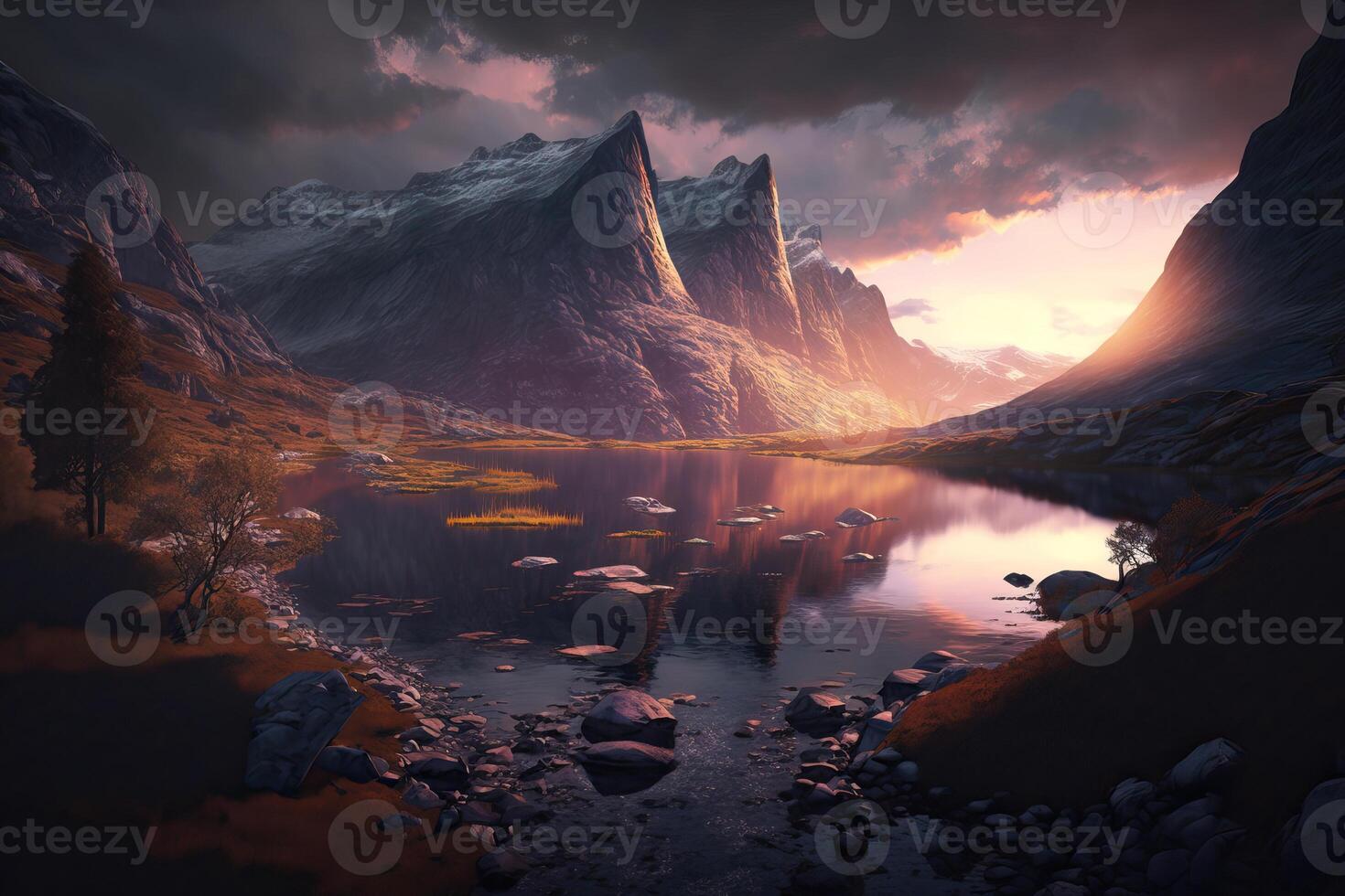 Fantasy art of mountain valley with lake, perfect spring sunset landscape. Epic mountain, stunning sunset and lights. photo