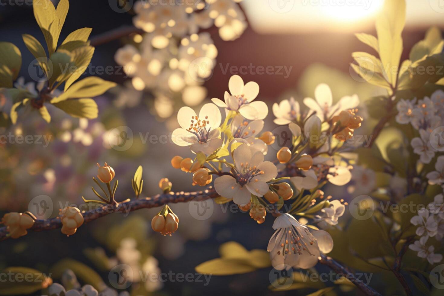 Spring blossom. Beautiful flowers blooming tree branch. Fresh spring branches of tree with flowers, natural floral seasonal easter background. Greenery springtime close up. Sunshine. . photo