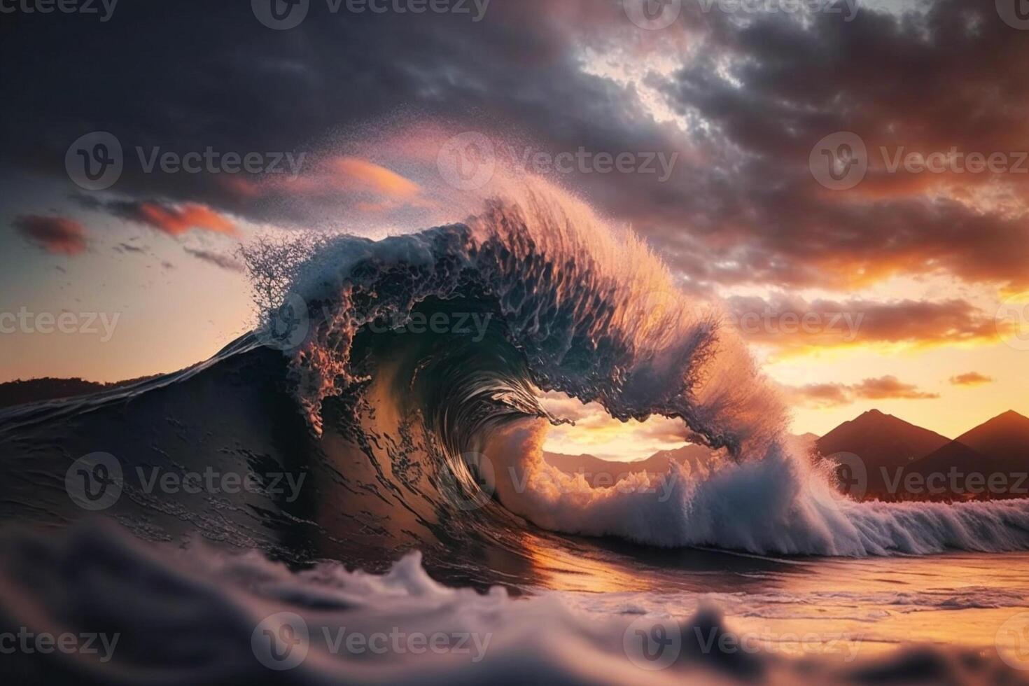 Ocean wave crashing at sunset. Stunning sunset on the sea. photo