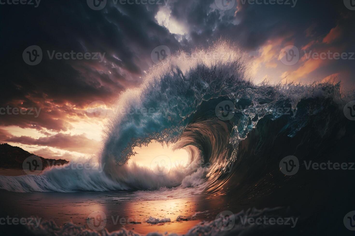 Oceano ola estrellarse a puesta de sol. maravilloso puesta de sol en el mar. generativo ai foto