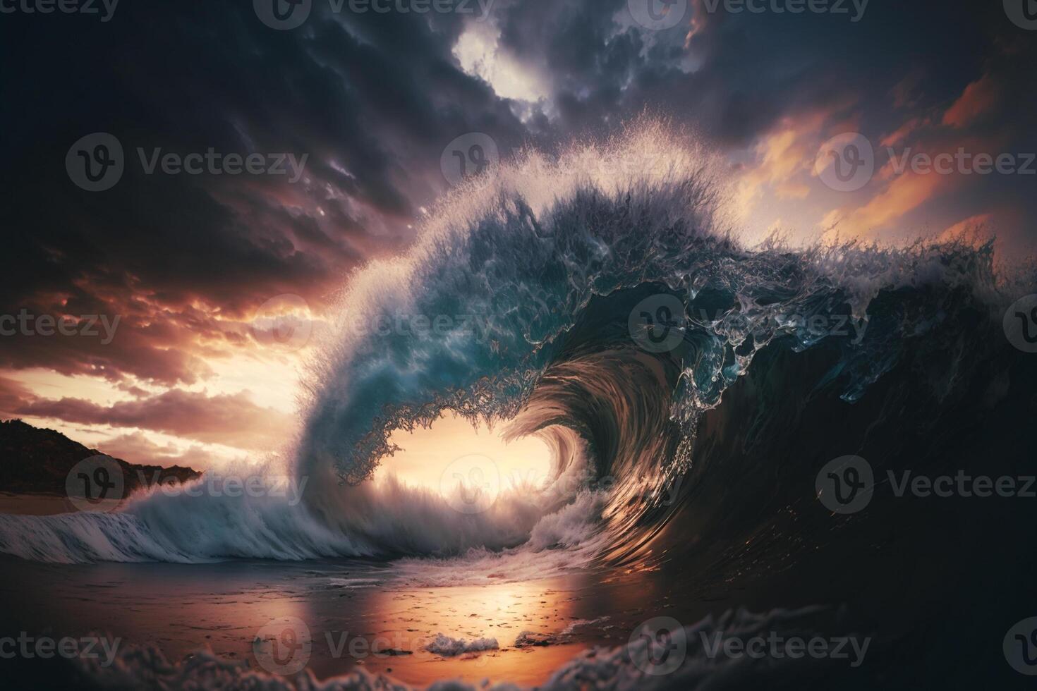 Ocean wave crashing at sunset. Stunning sunset on the sea. photo