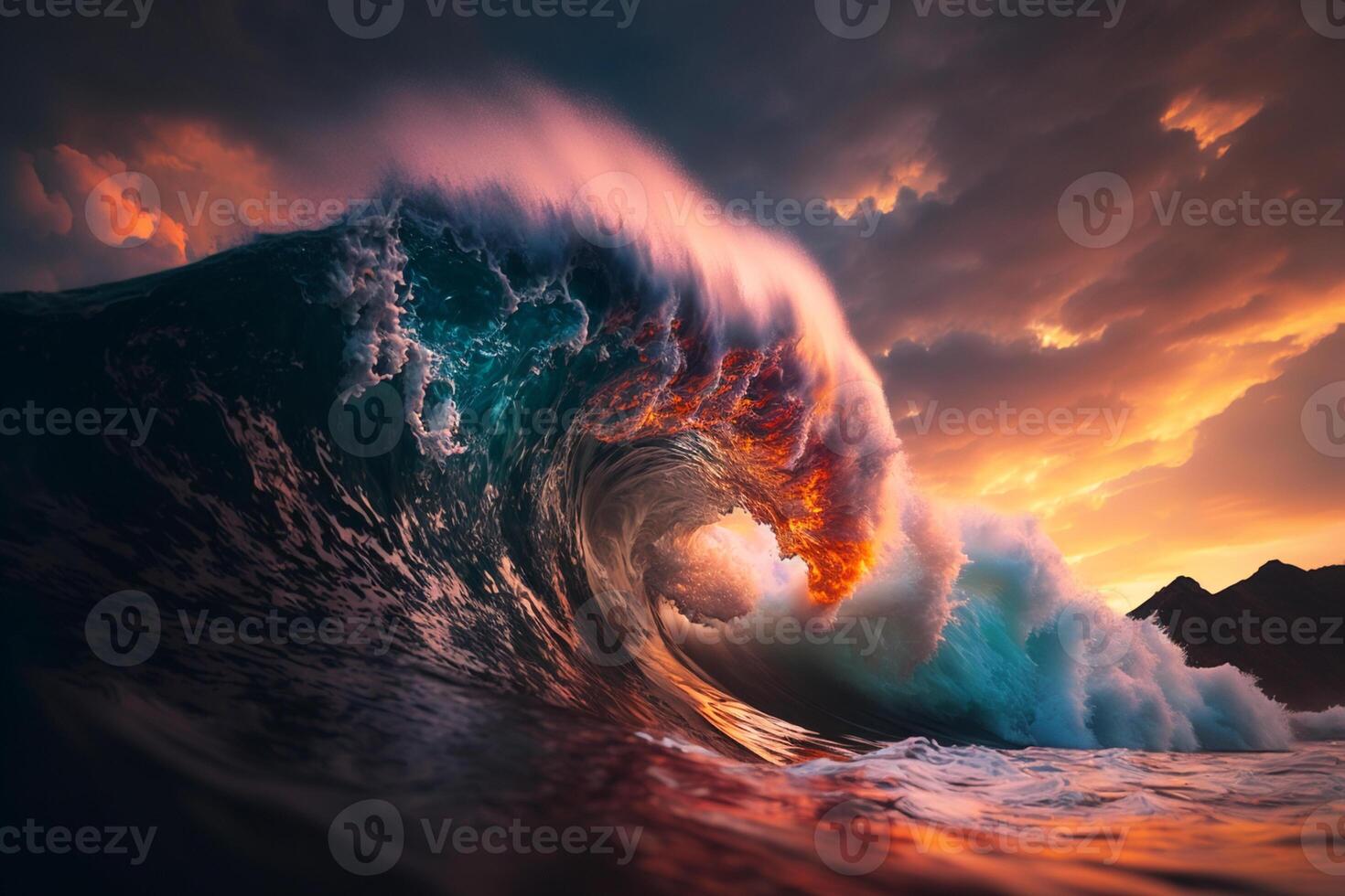 Ocean wave crashing at sunset. Stunning sunset on the sea. photo
