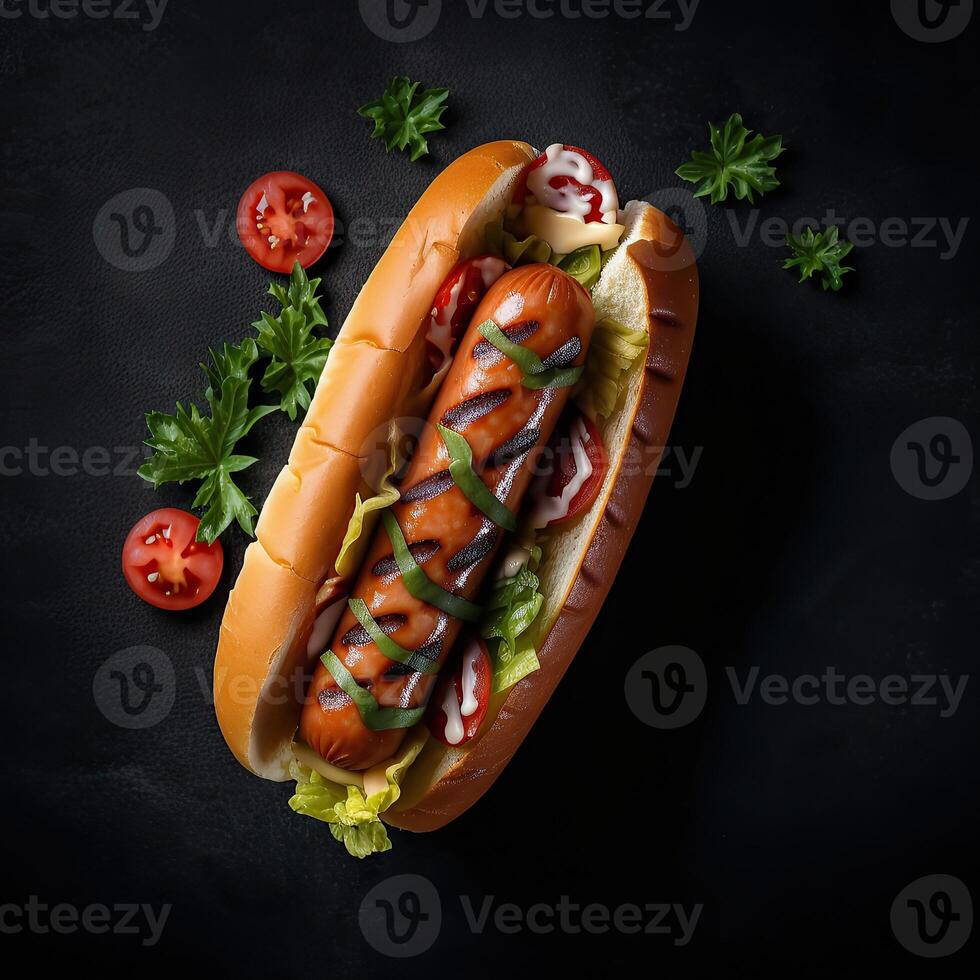 Hot dog with fried sausage, vegetables and sauce on a dark background. Top view. . photo