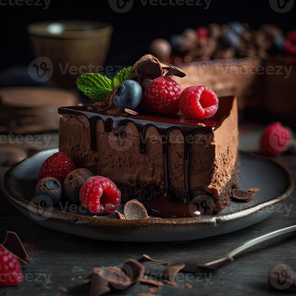 Piece of Chocolate cheesecake with fresh raspberries, blueberries and chocolate. photo