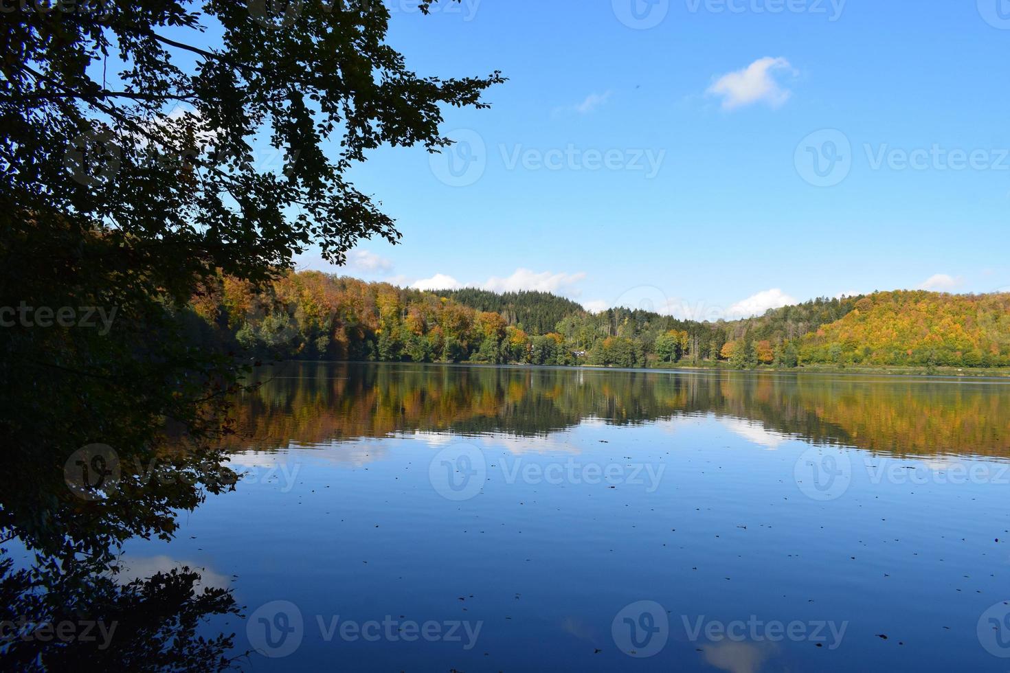 Caldera lake Pulvermaar with reflected trees in autumn photo