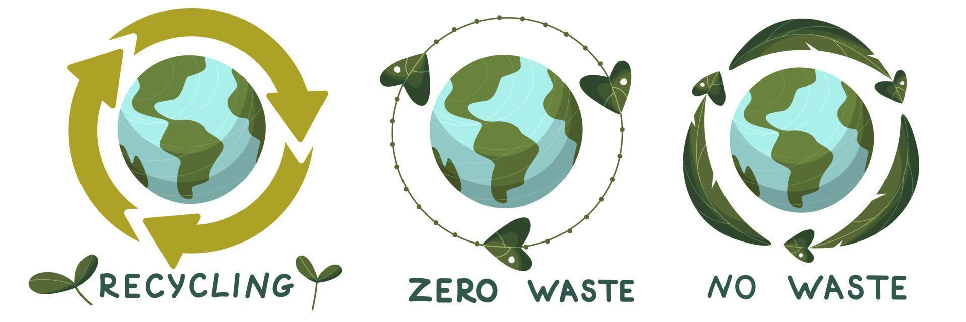 Recycling arrows and a wreath of leaves around the planet Earth. Vector typography Happy Earth Day for greeting cards and posters. Holiday design template. Vector illustration.