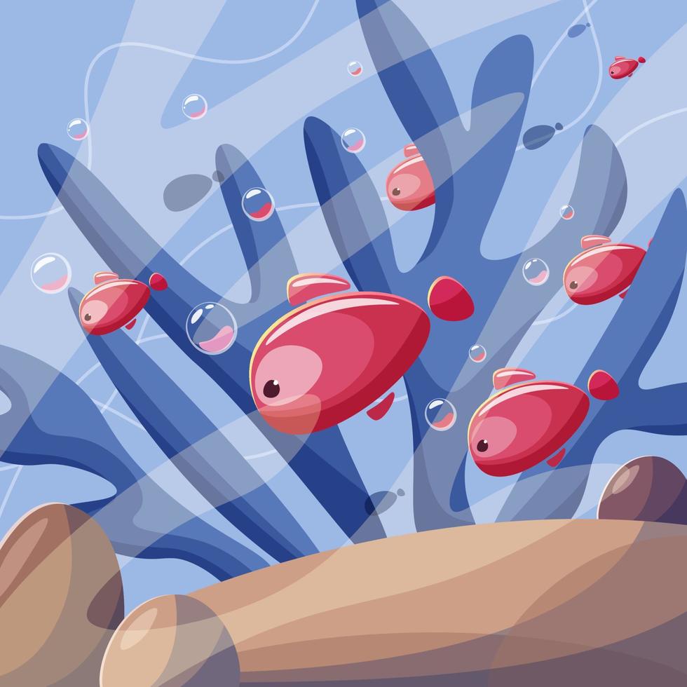 A small flock of fishes swims in the ocean. Vector illustration. Pink fish swim between the corals in the clear ocean. World Ocean Day. An ocean without debris.
