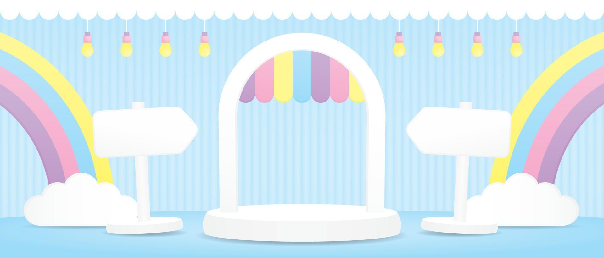 linda arco monitor estar con vistoso pastel toldo y arco iris y blanco letrero en azul piso y pared 3d ilustración vector para poniendo objeto en kawaii estilo