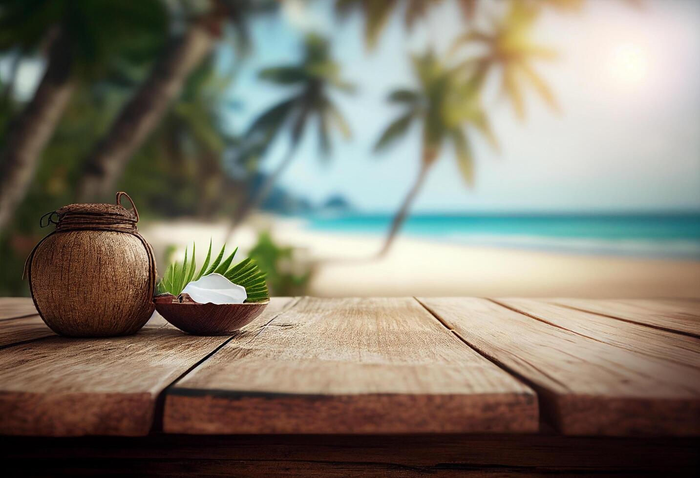 Wooden table with coconut on tropical beach background. Summer vacation concept photo