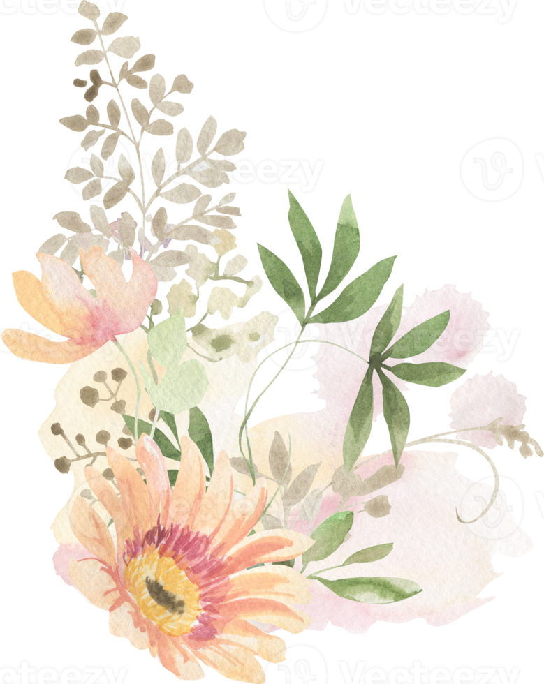 Watercolor bouquets of flowers and leaves png