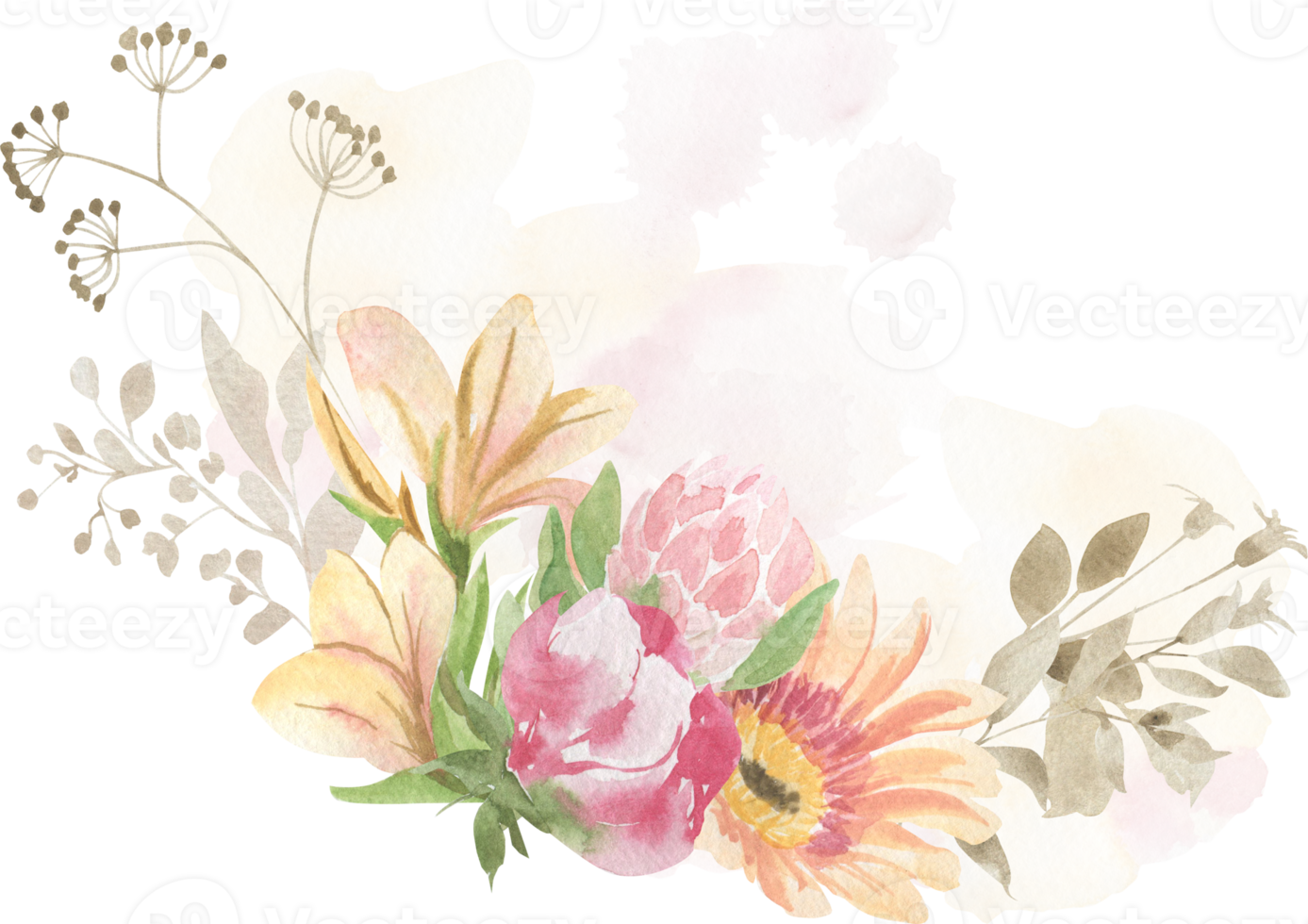 Watercolor bouquets of flowers and leaves png