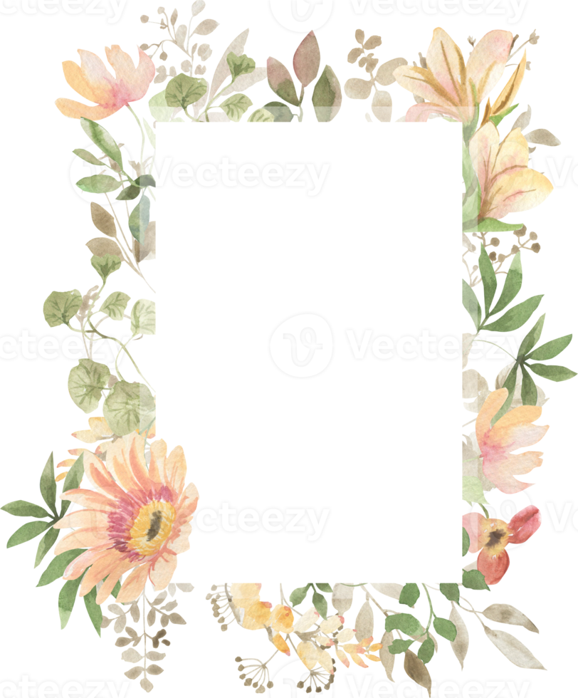 Frame of watercolor leaves and flowers png