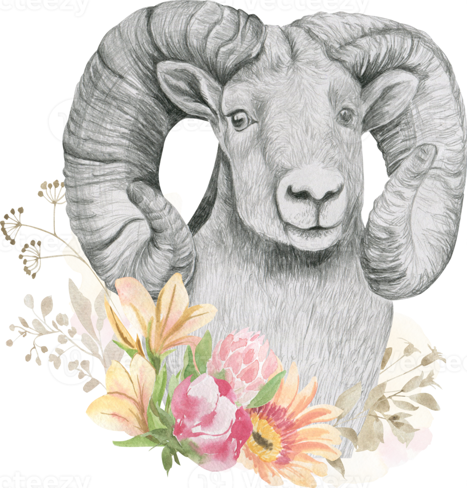 Argali head with horns framed by flowers png