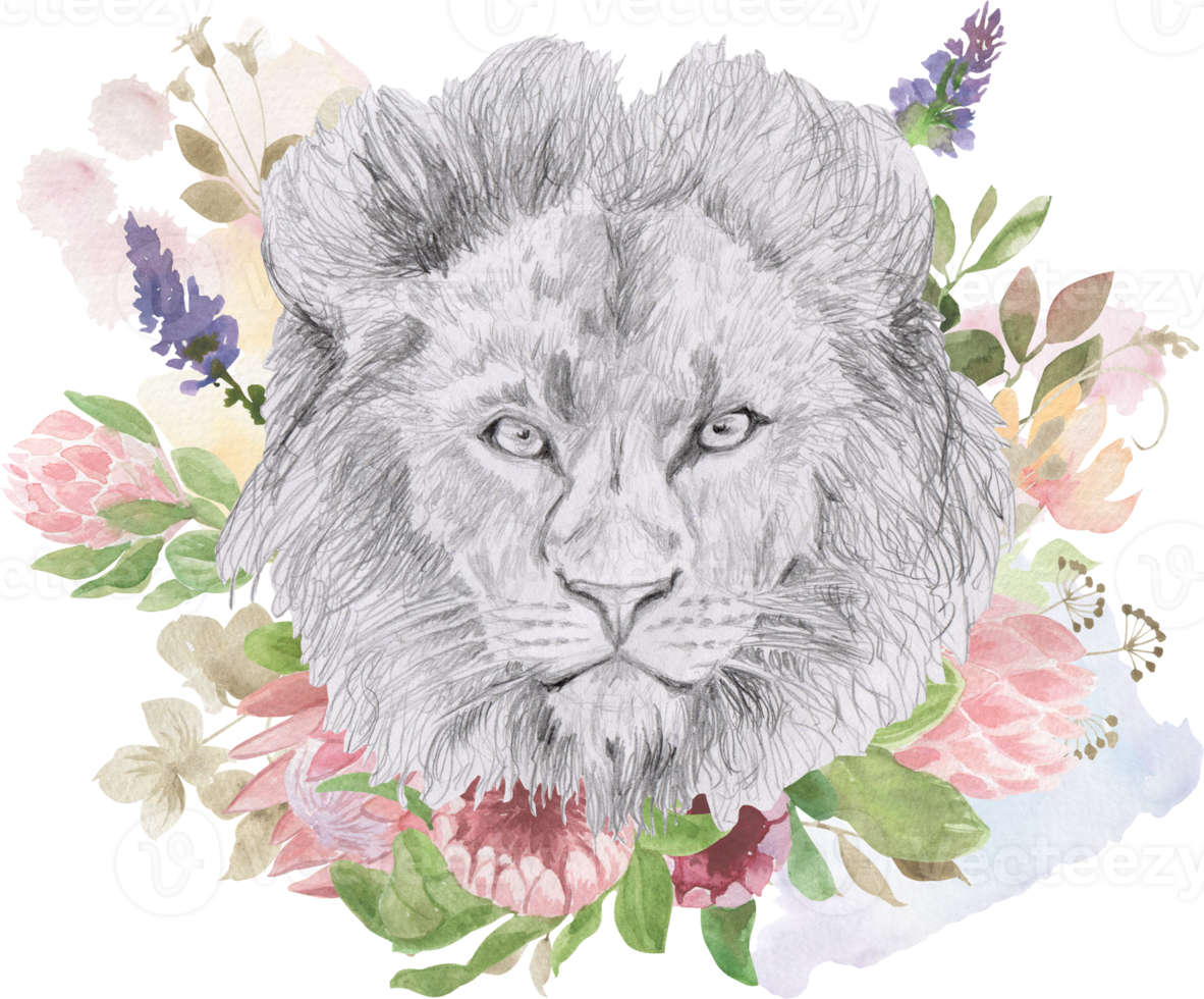 Head of a lion with a large mane framed by flowers png