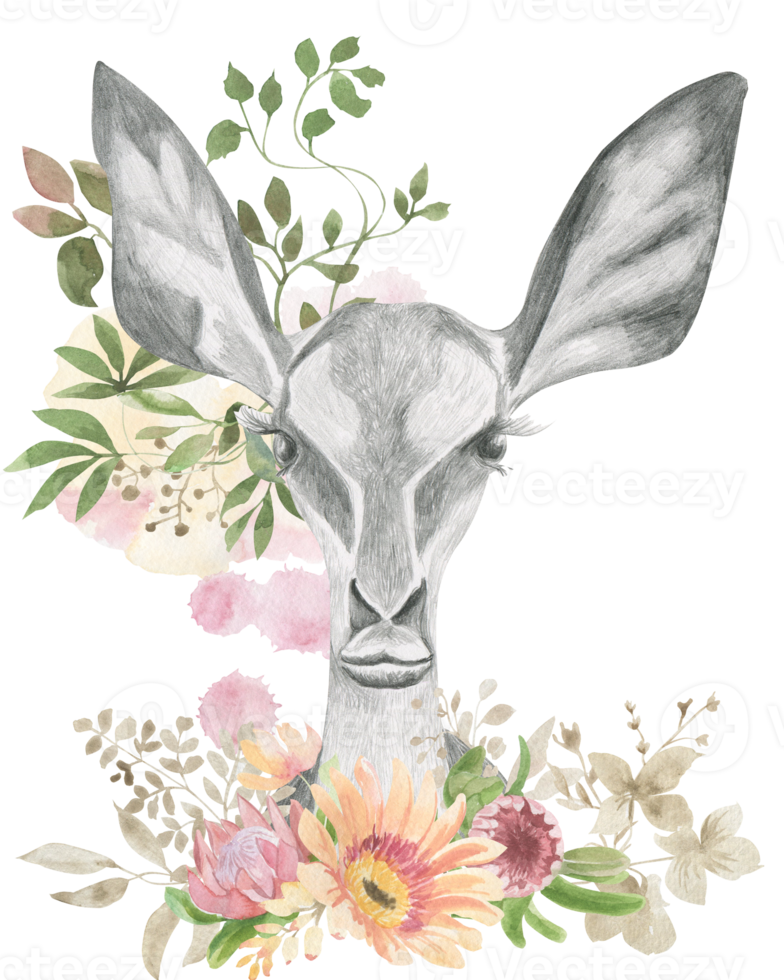 tête de une gazelle avec grand oreilles encadré par fleurs png