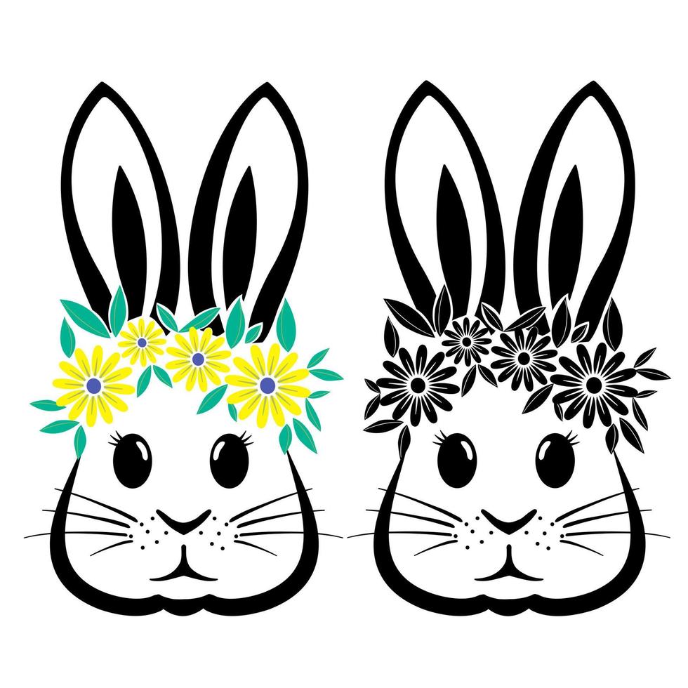 Rabbit with flowers and Easter bunny ears Illustration in black and white vector file.