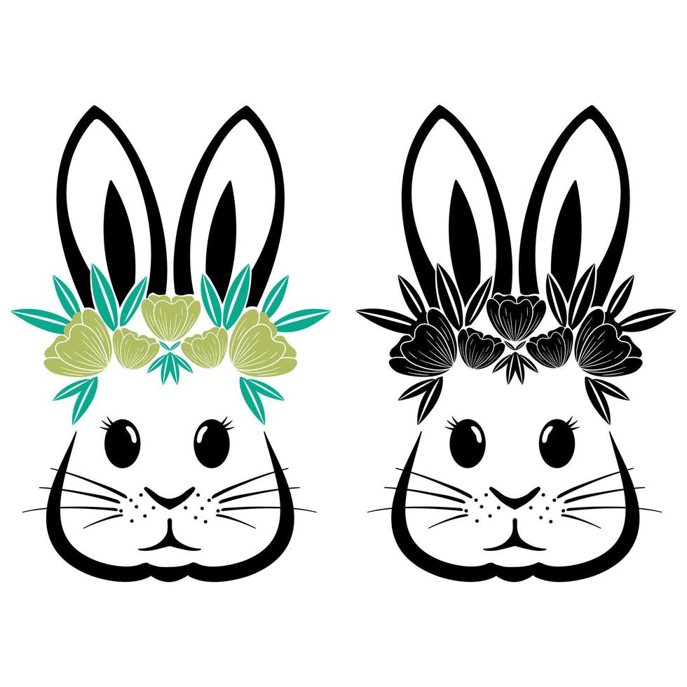 Rabbit with flowers and Easter bunny ears Illustration in black and white vector file.