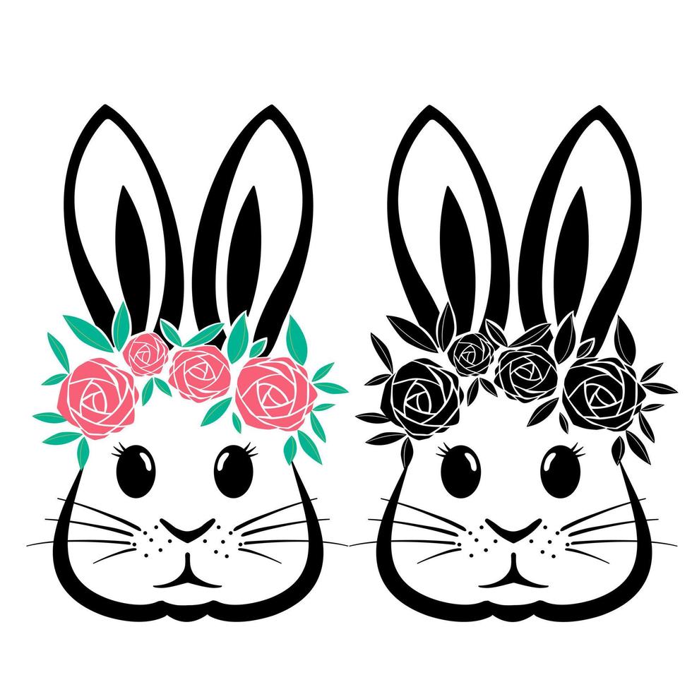 Rabbit with flowers and Easter bunny ears Illustration in black and white vector file.
