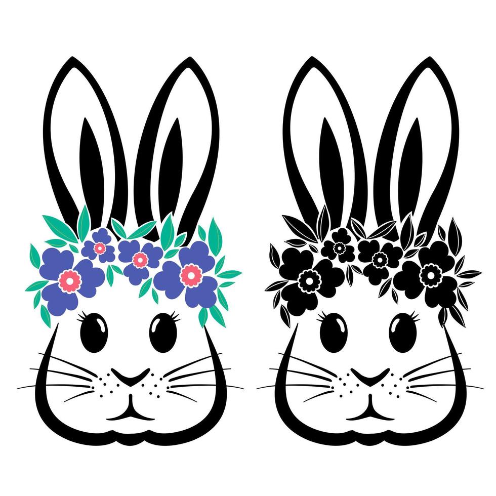 Rabbit with flowers and Easter bunny ears Illustration in black and white vector file.