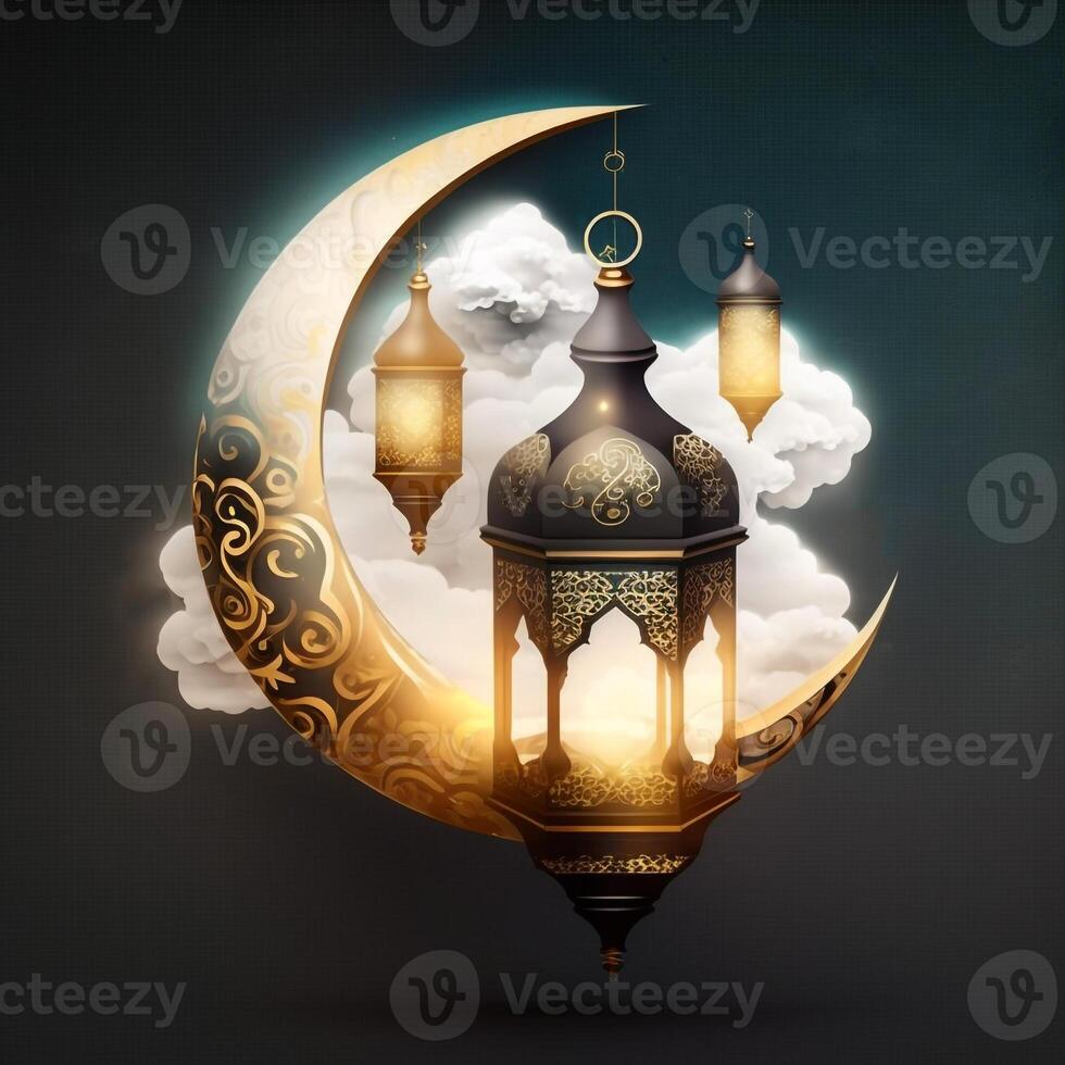 golden ramadan kareem banner with moon, photo