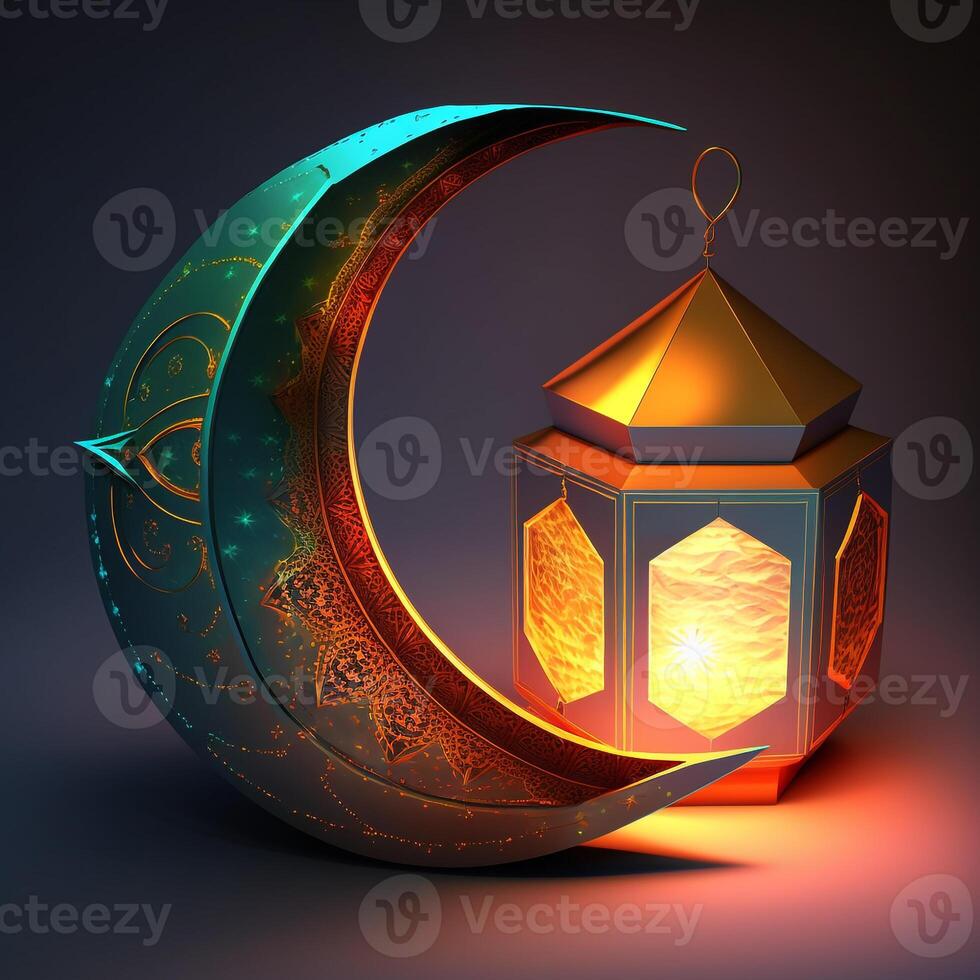 Islamic ramadan holiday banner with glowing lantern moon and mosque window portal photo