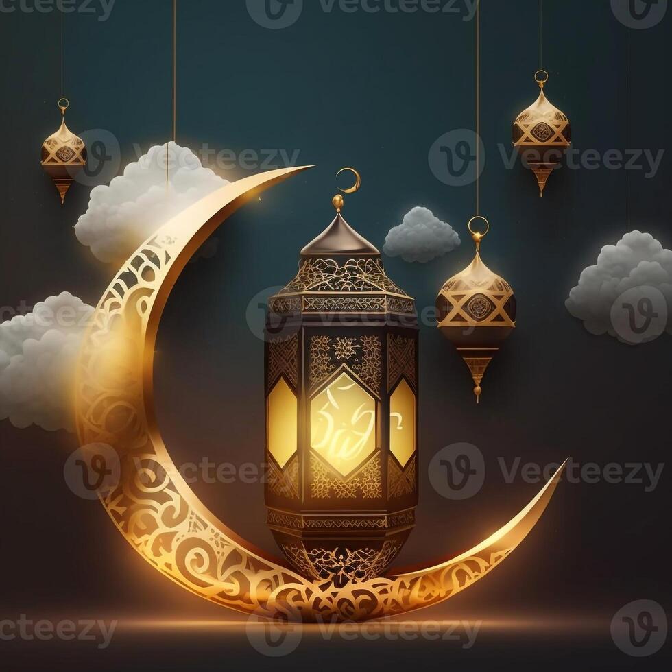 golden ramadan kareem banner with moon, photo