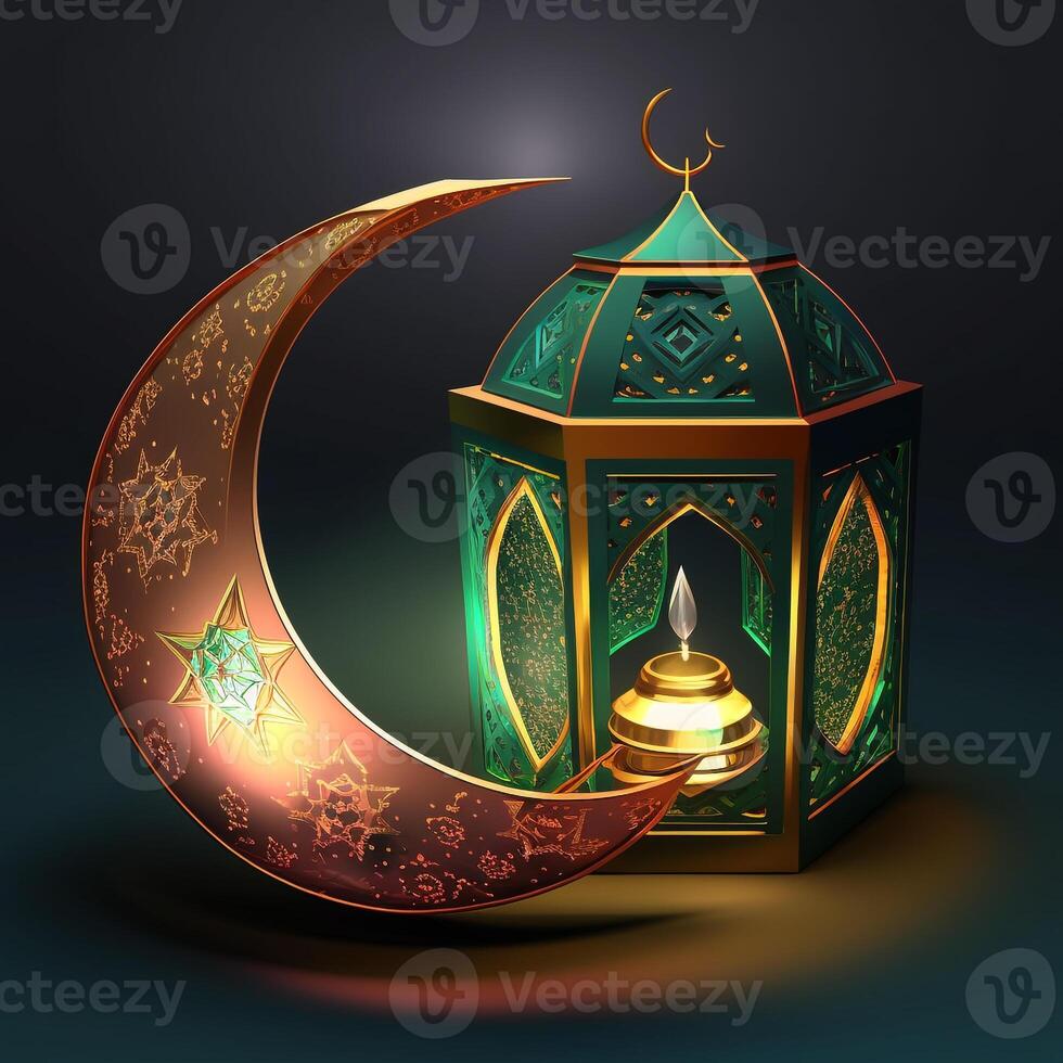 Islamic ramadan holiday banner with glowing lantern moon and mosque window portal photo