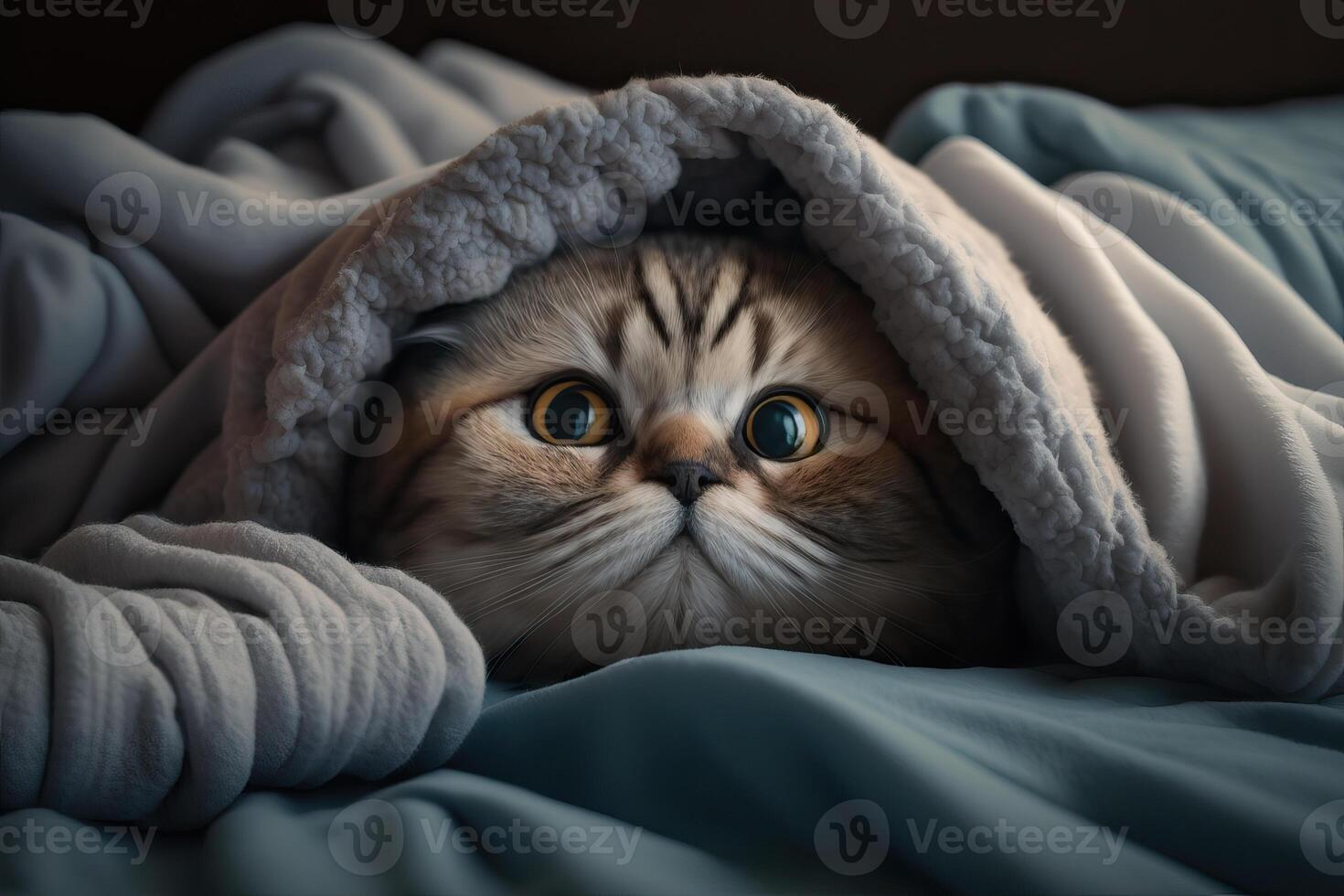 Kitten under a blanket. The cat is resting warm under the plaid. . photo