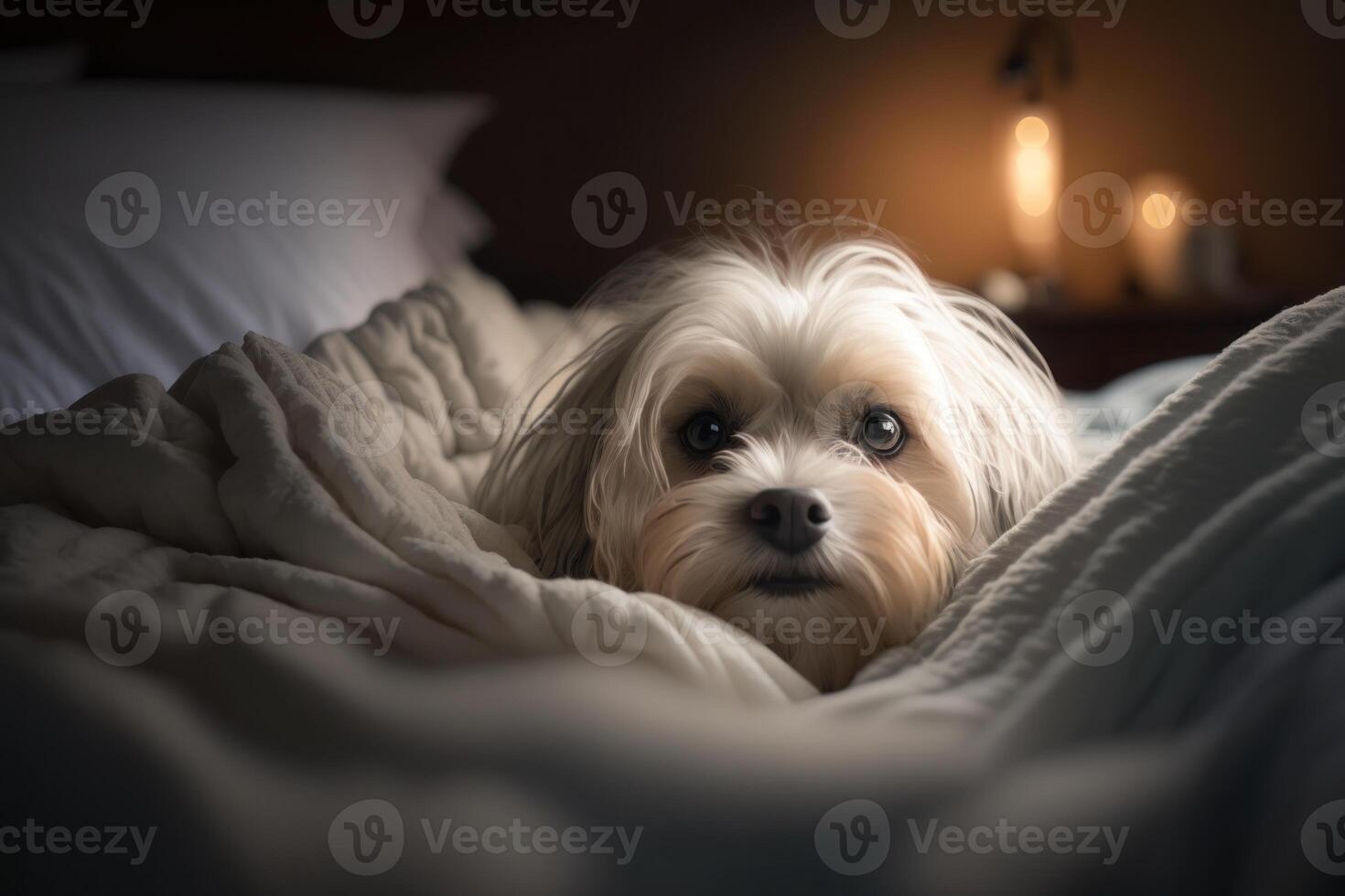 A young Maltese dog under a blanket. The pet is basking under the plaid. The concept of caring for pets. . photo