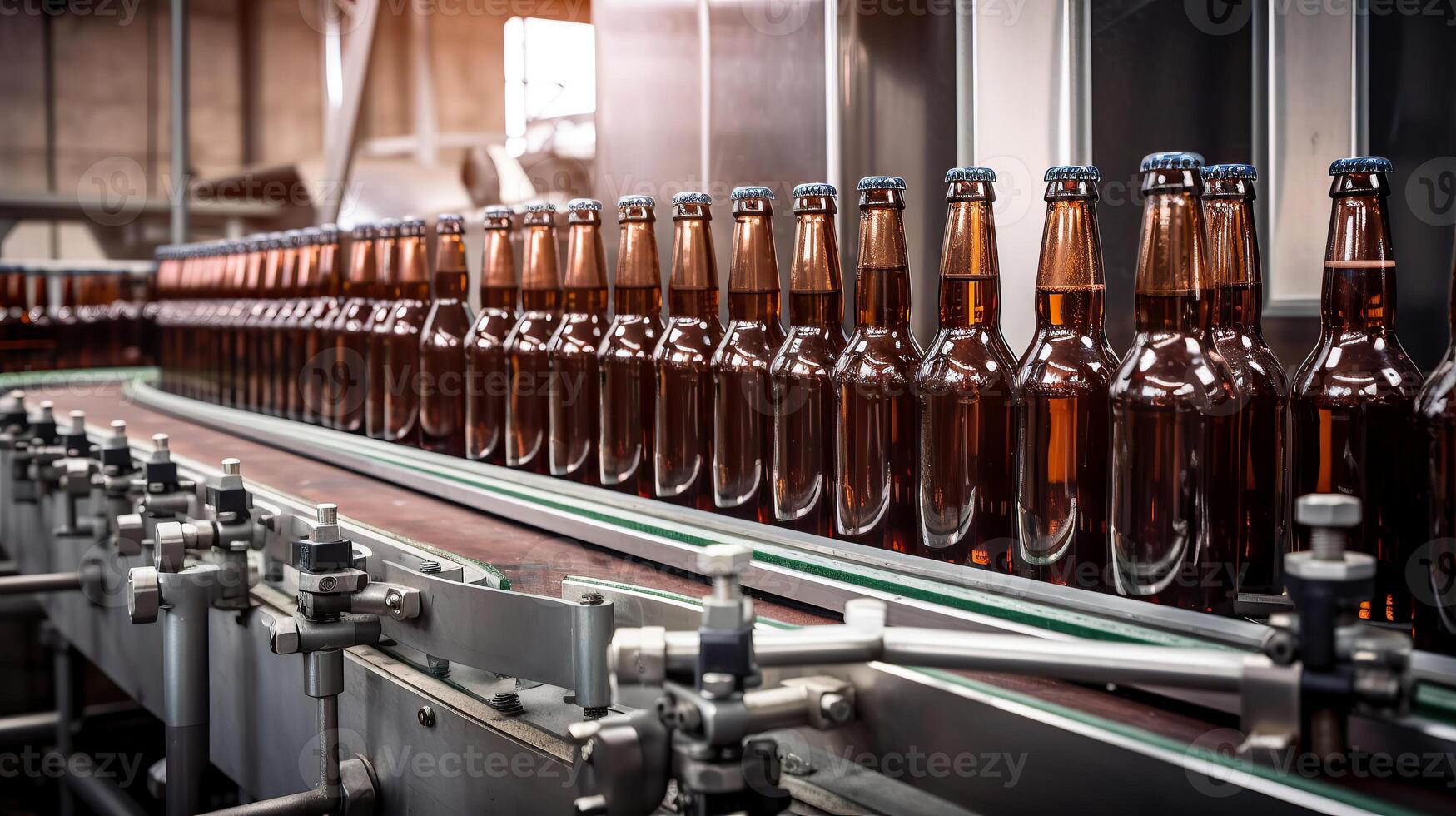 Brown glass beer drink alcohol bottles, brewery conveyor, modern production line. photo