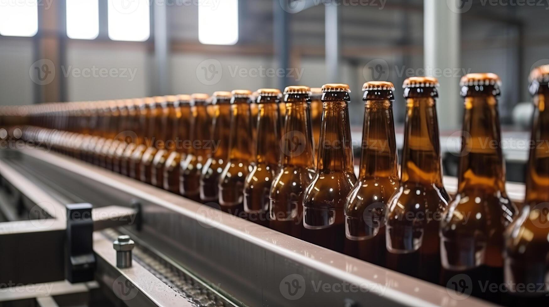 Brown glass beer drink alcohol bottles, brewery conveyor, modern production line. photo