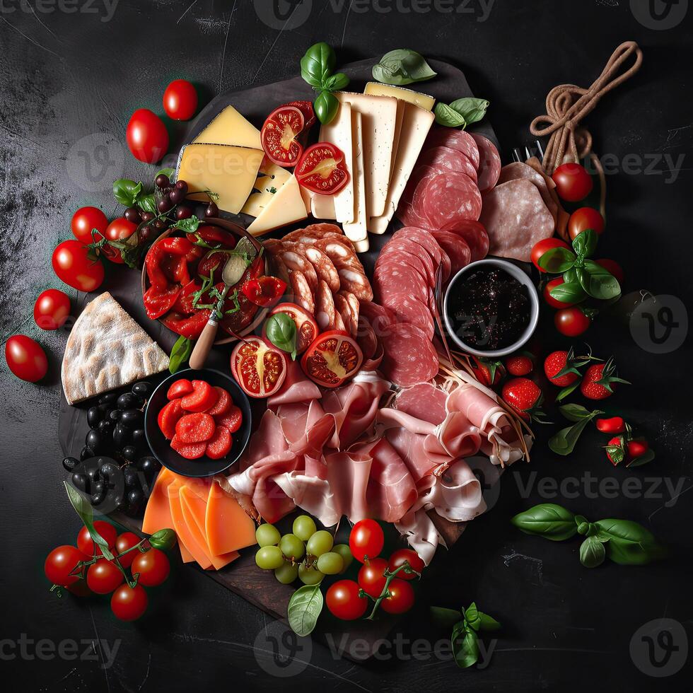 Antipasto platter with ham, prosciutto, salami, cheese, tomato, strawberries and vegetables on dark background. Appetizers table with italian antipasti snacks. Top view. . photo
