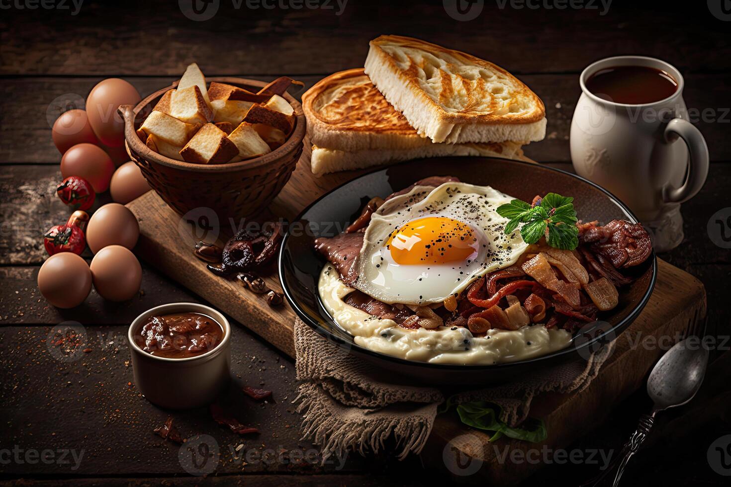 English breakfast with fried eggs, bacon and toast. . photo