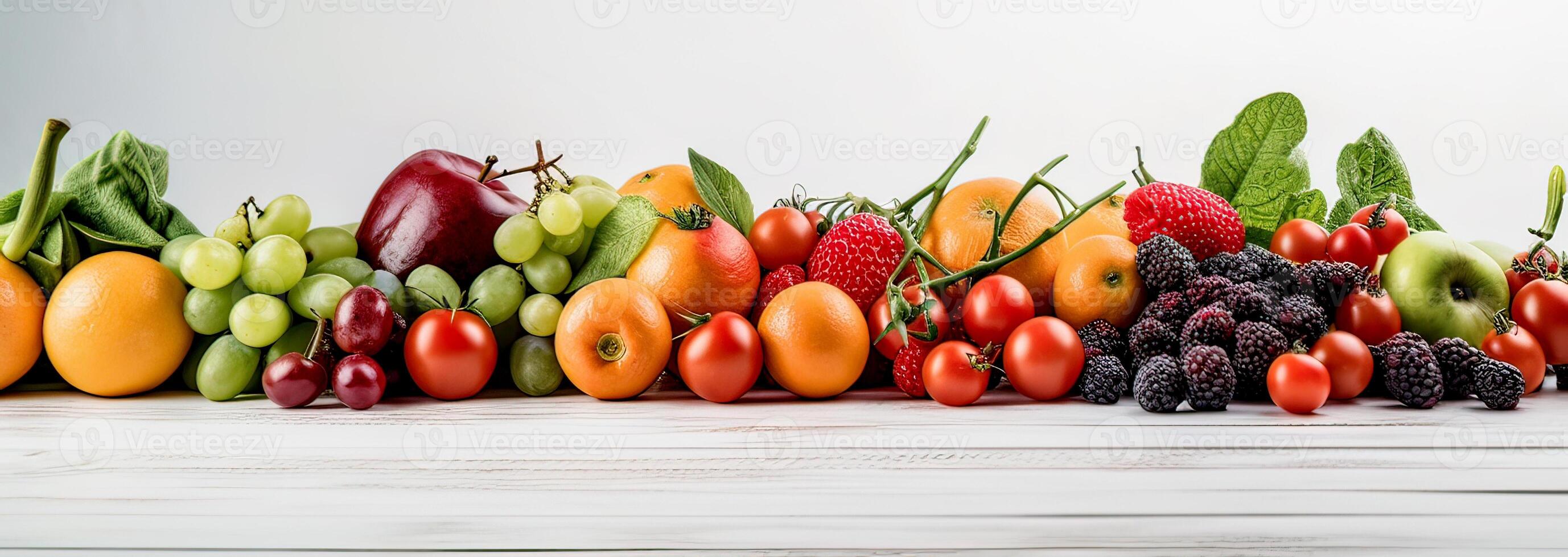 Panoramic collection fresh fruits and vegetables background. Side view. . photo