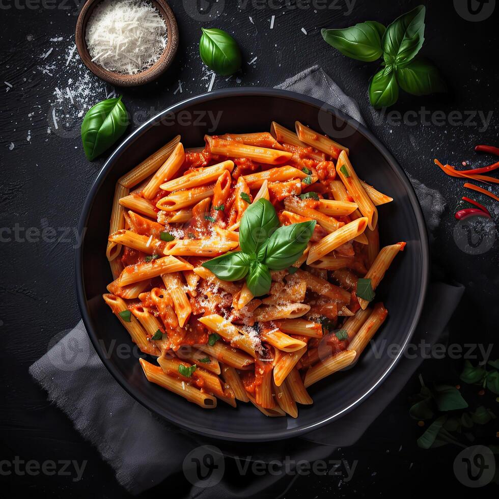 Classic italian pasta penne alla arrabiata with basil and freshly parmesan cheese on dark table. Penne pasta with sauce. Top view. . photo