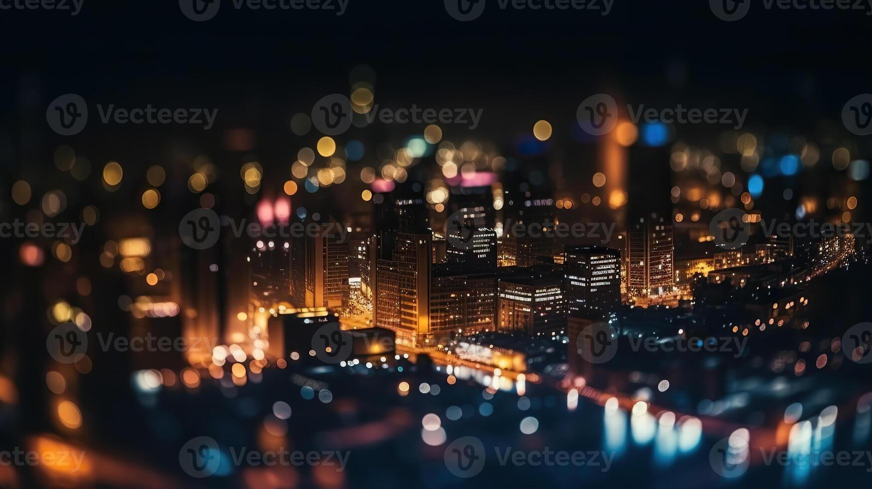 desenfocado luces en ciudad. el bokeh ligero desde edificio y noche ciudad. paisaje urbano generativo ai. foto