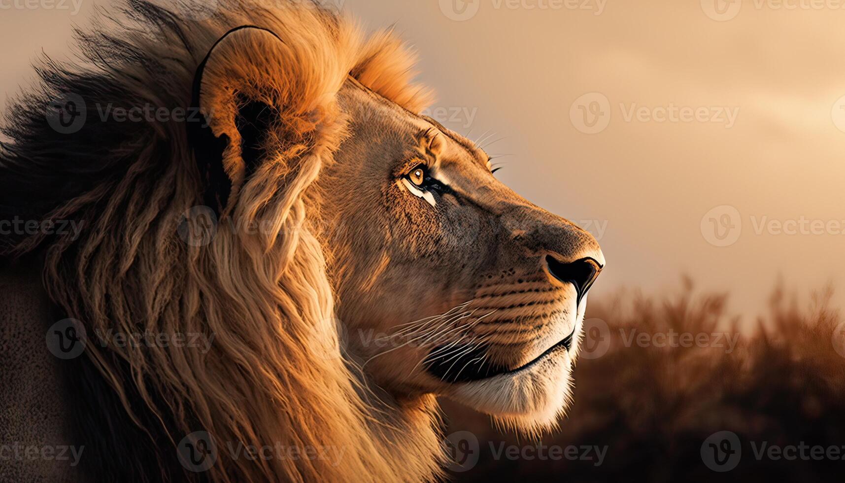 Portrait of a Lion in the morning sunlight in the African savannah. Side view. . photo