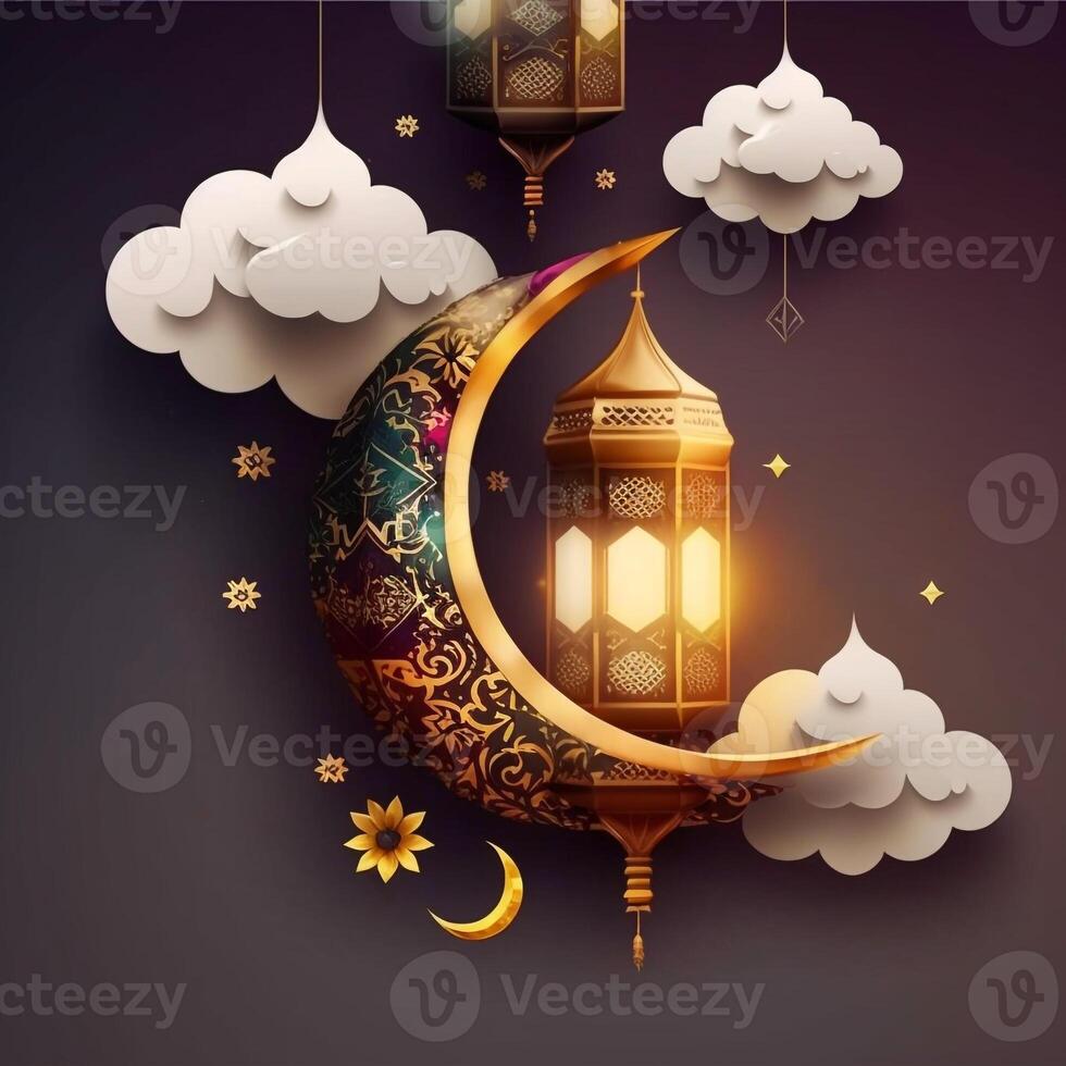 golden ramadan kareem banner with moon, photo