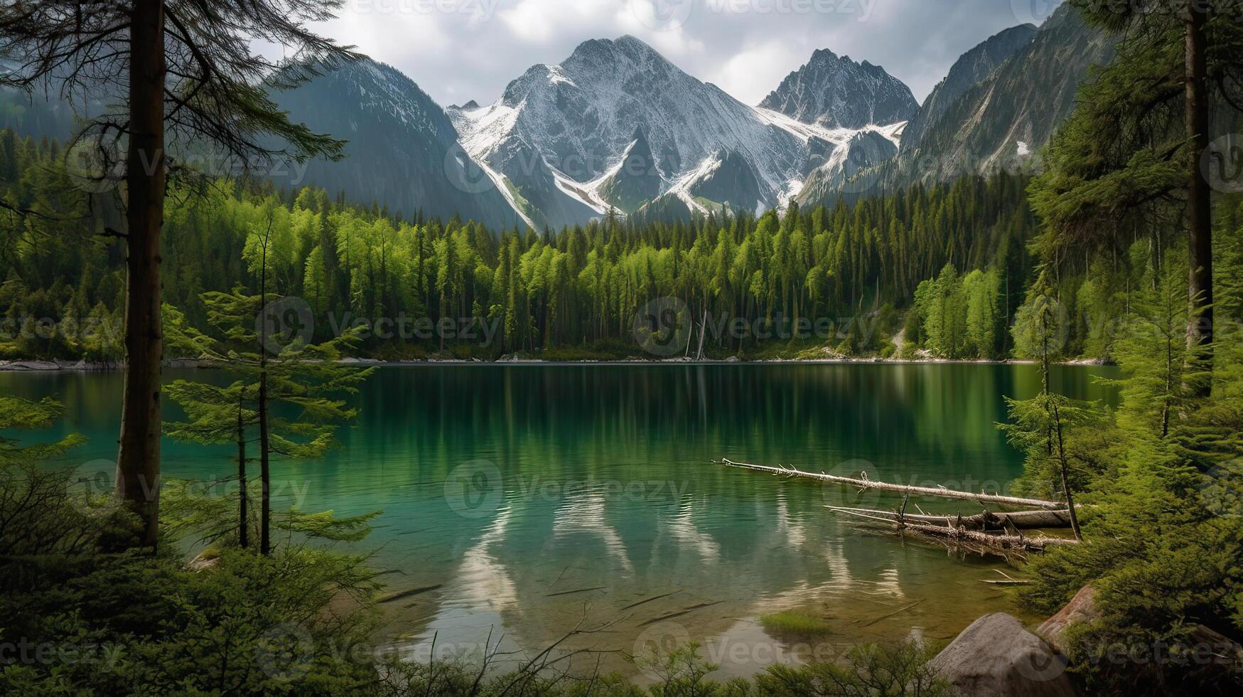 Beautiful green forest with a lake and snow capped mountains in the background. . photo