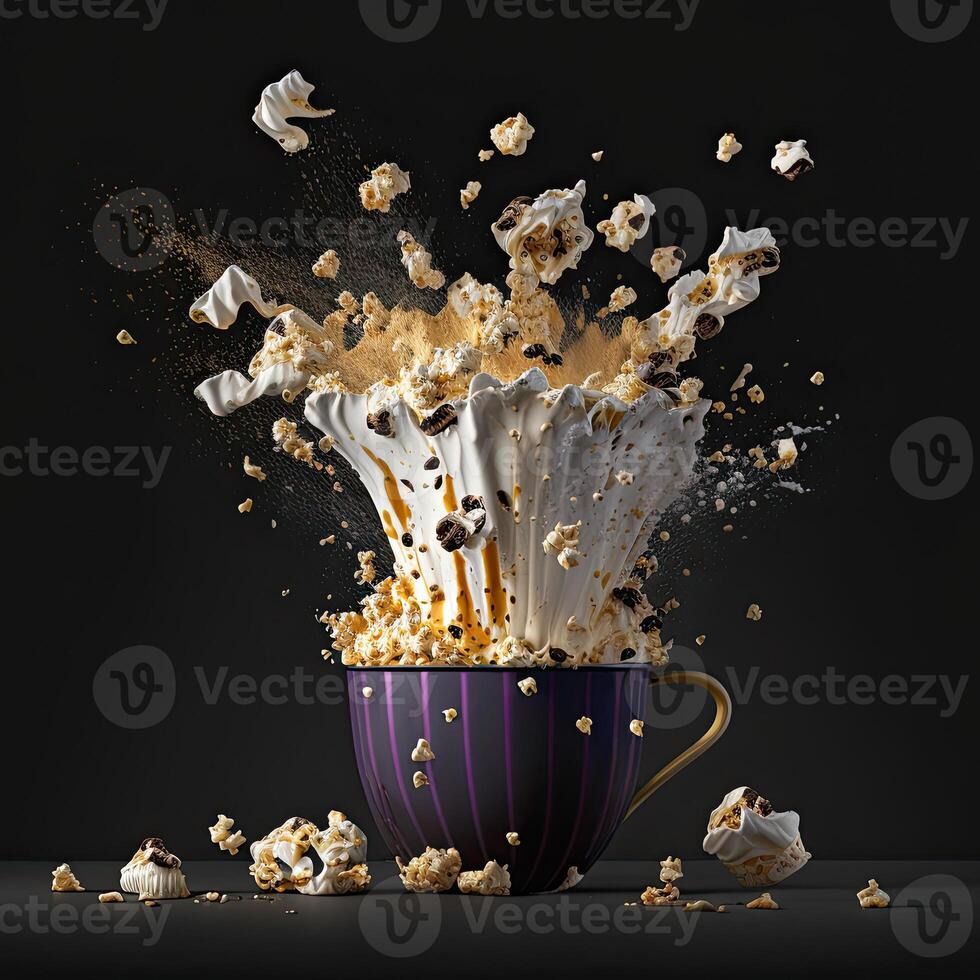 Tea cup with splashing delicious popcorn with caramel and creamy. . photo