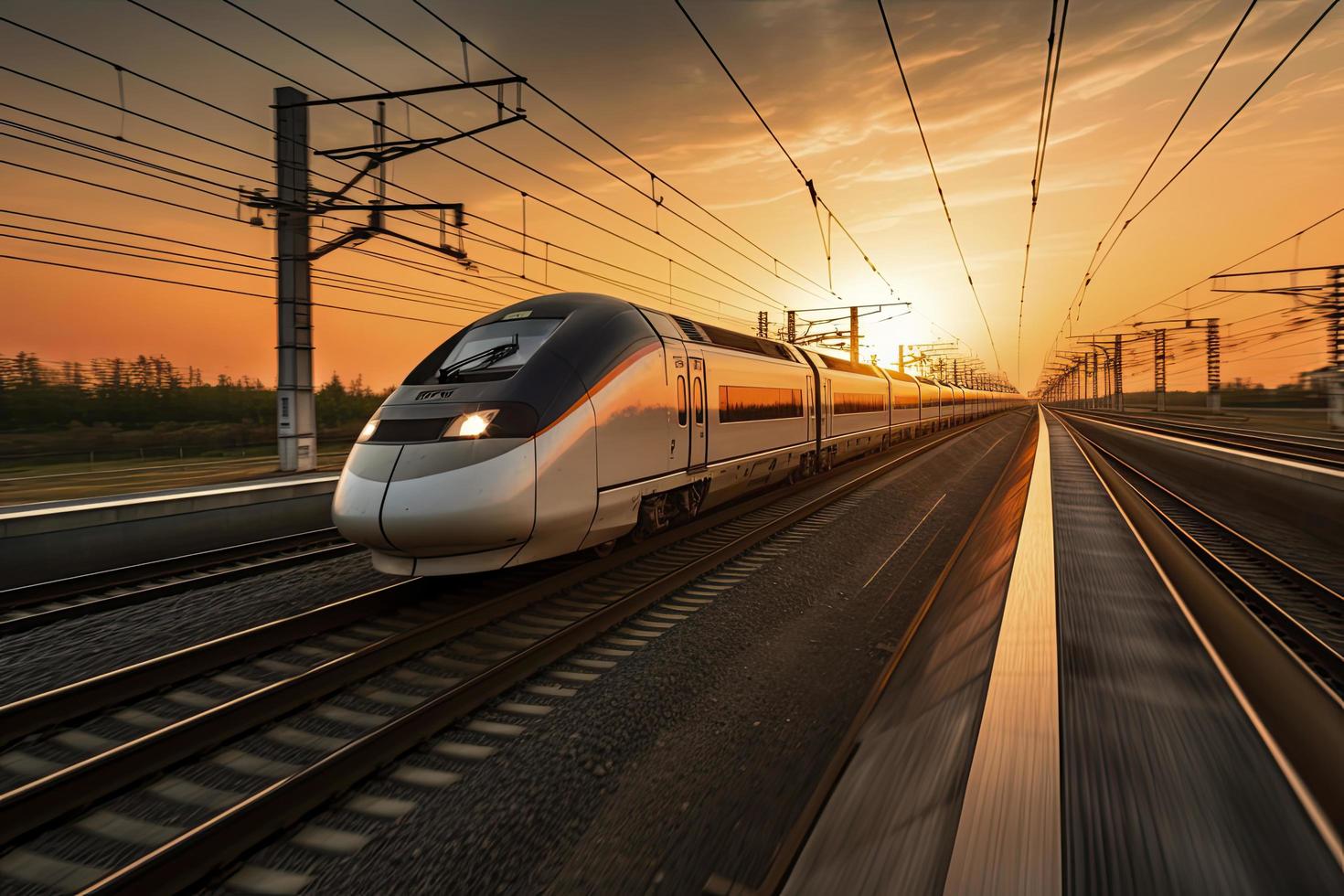 alto velocidad tren en movimiento en el ferrocarril estación a puesta de sol foto